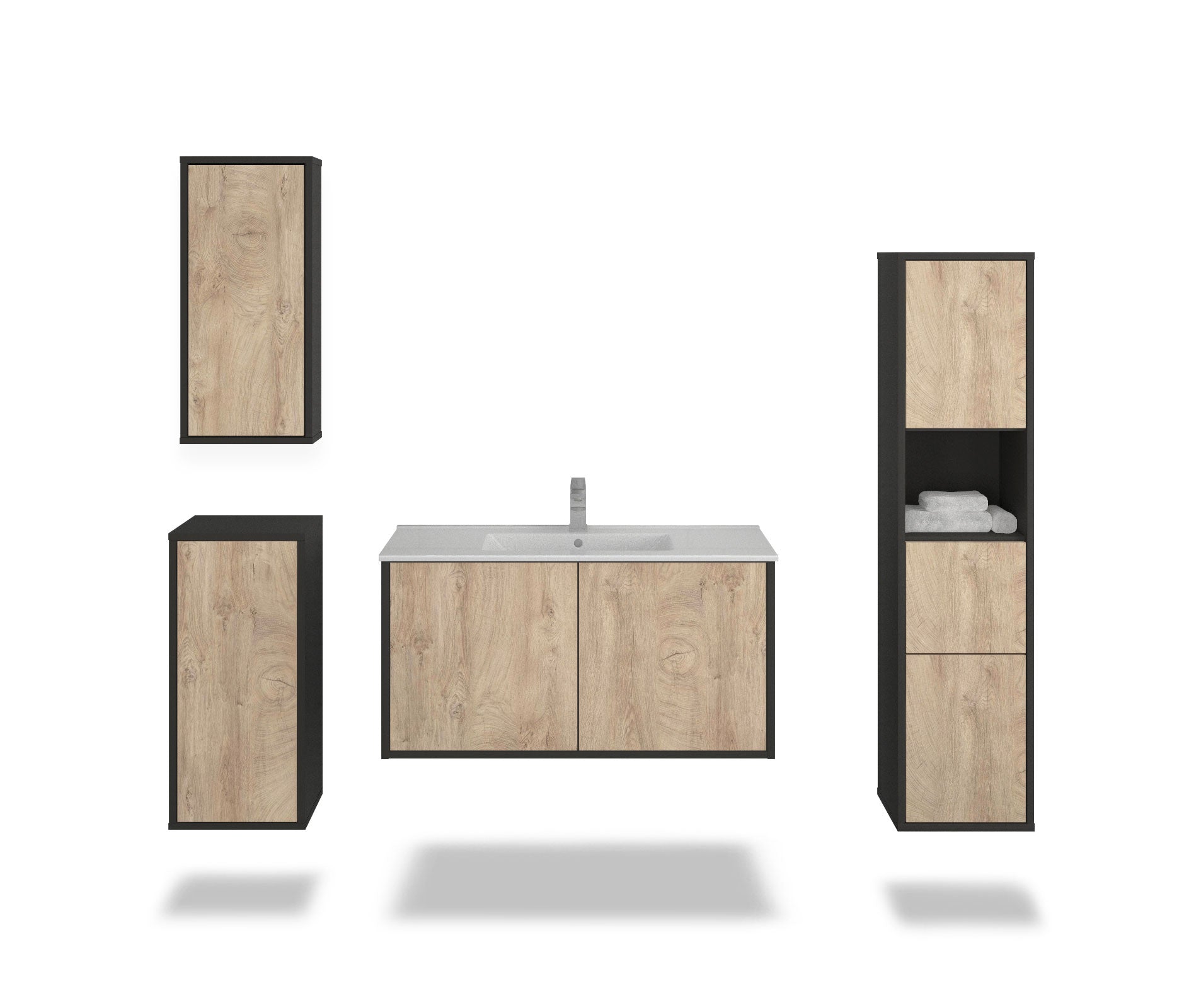 Badmöbelset - 4-Teilig Athene VI-I - Holz-Dekor/Anthrazit - Wandmontage - Push to Open - 100 cm