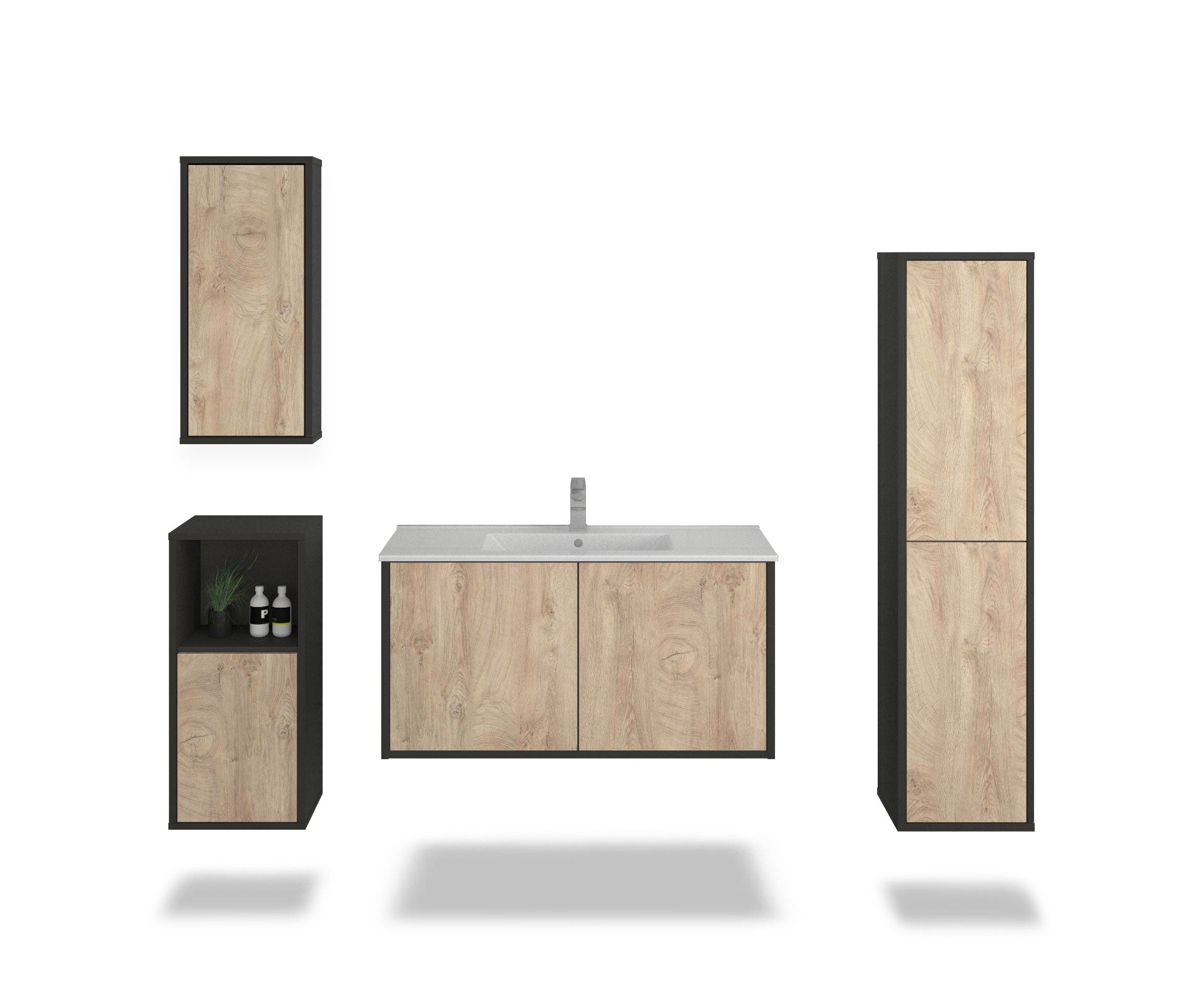 Badmöbelset - 4-Teilig Athene I-II - Holz-Dekor/Anthrazit - Wandmontage - Push to Open - 100 cm