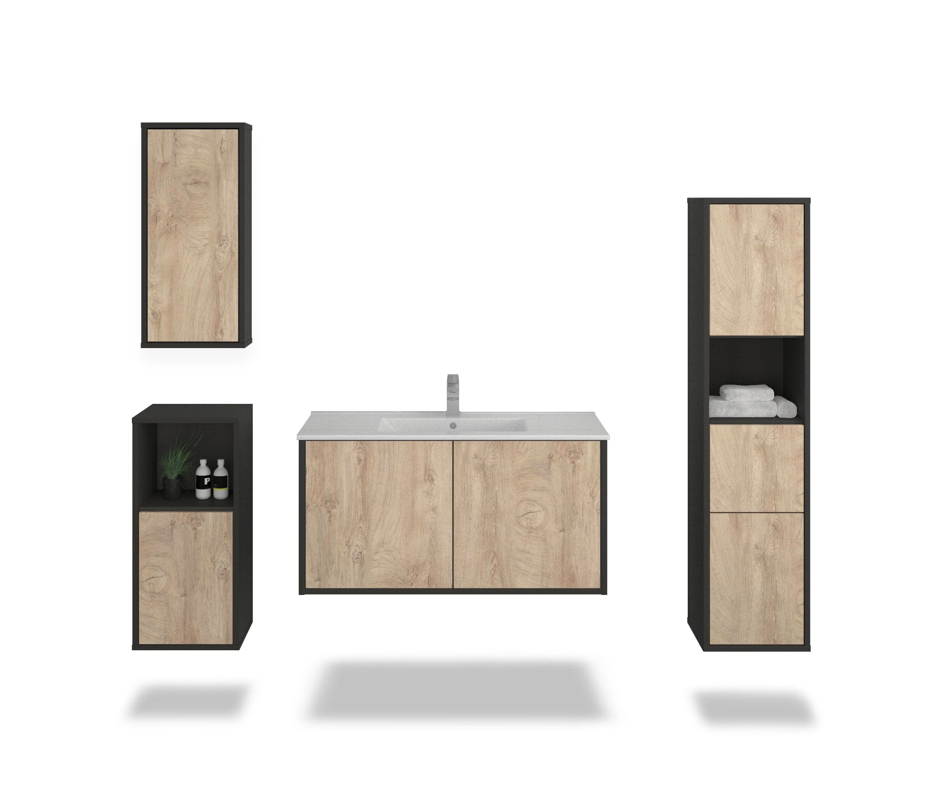 Badmöbelset - 4-Teilig Athene VI-II - Holz-Dekor/Anthrazit - Wandmontage - Push to Open - 100 cm