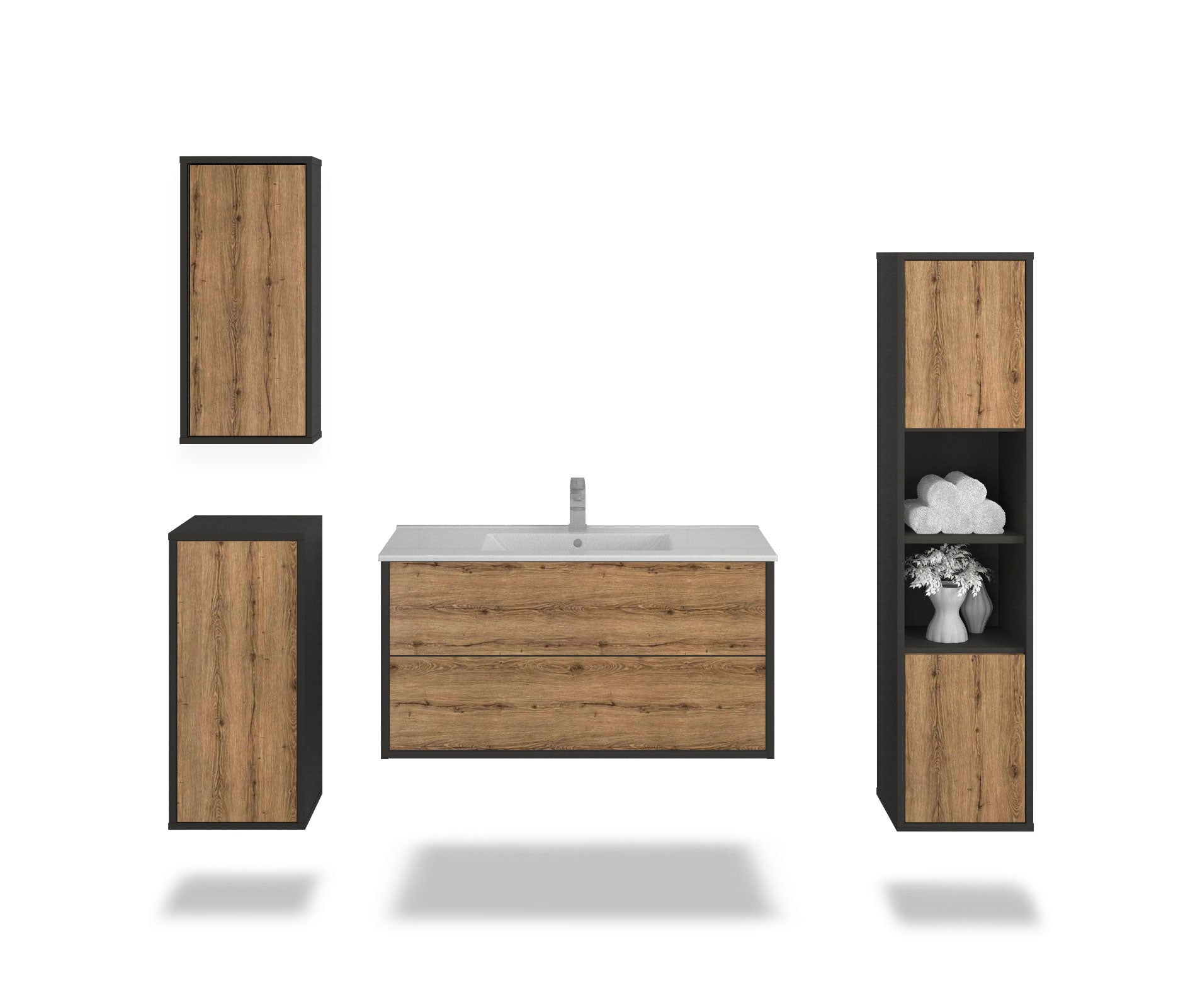 Badmöbelset - 4-Teilig Hades V-I - Holz-Dekor/Anthrazit - Wandmontage - Push to Open - 100 cm