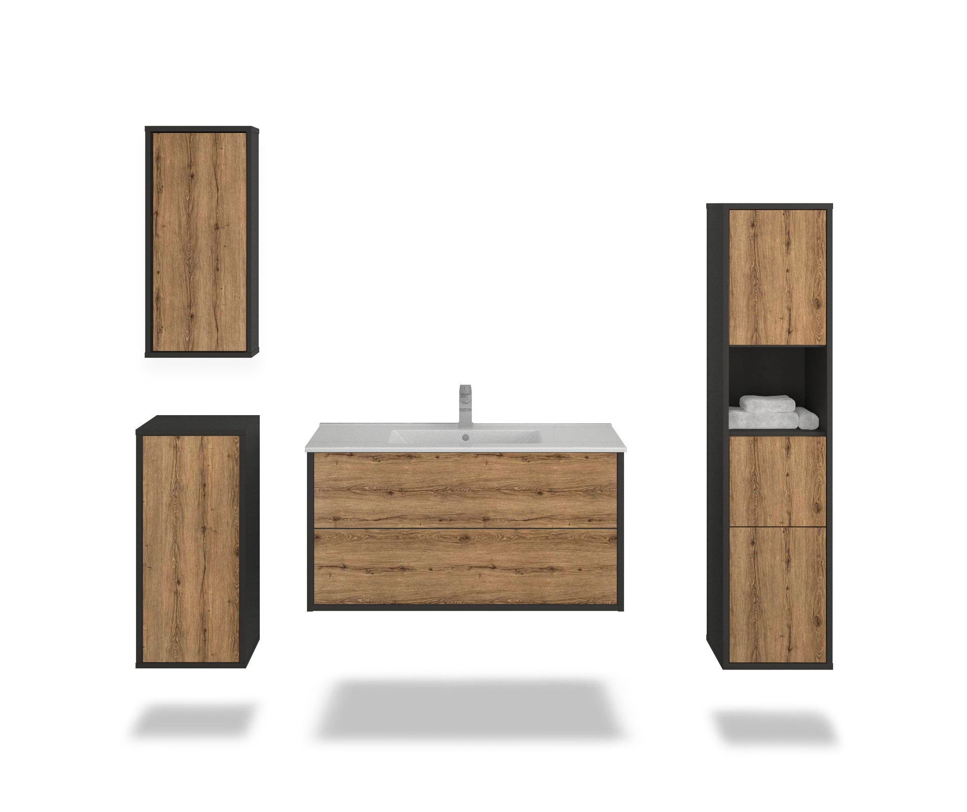 Badmöbelset - 4-Teilig Hades VI-I - Holz-Dekor/Anthrazit - Wandmontage - Push to Open - 100 cm