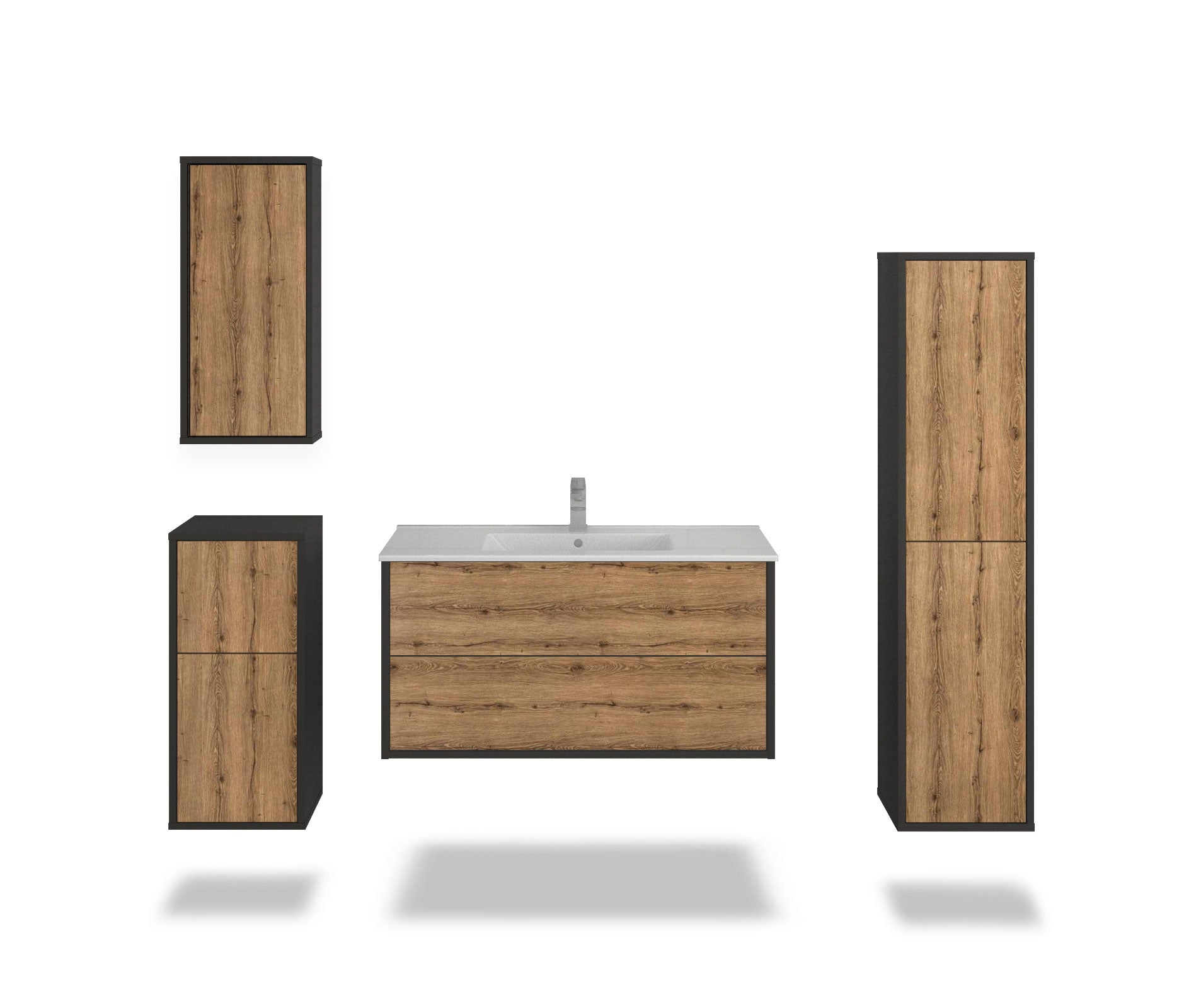 Badmöbelset - 4-Teilig Hades I-III - Holz-Dekor/Anthrazit - Wandmontage - Push to Open - 100 cm