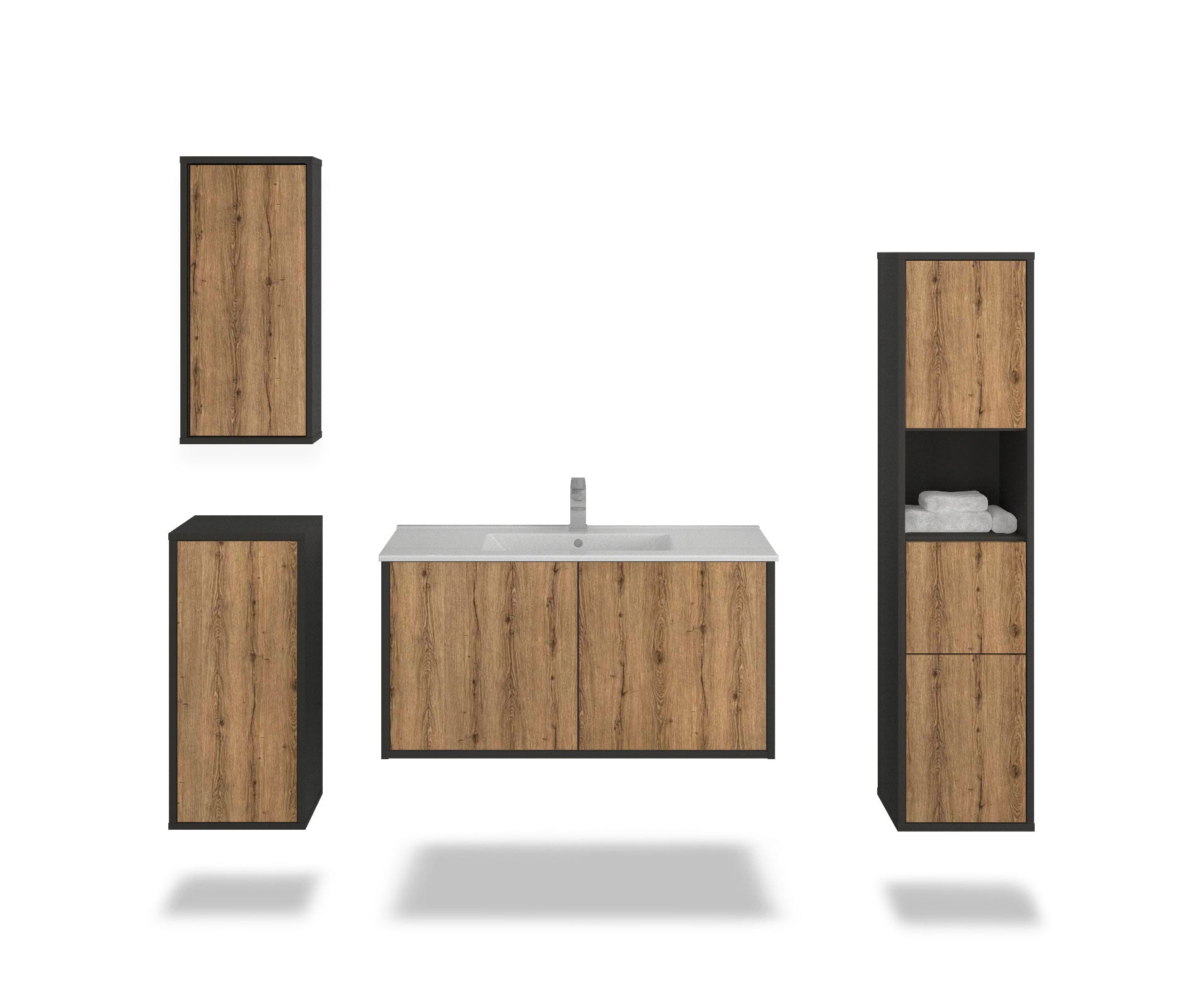 Badmöbelset - 4-Teilig Athene VI-I - Holz-Dekor/Anthrazit - Wandmontage - Push to Open - 100 cm