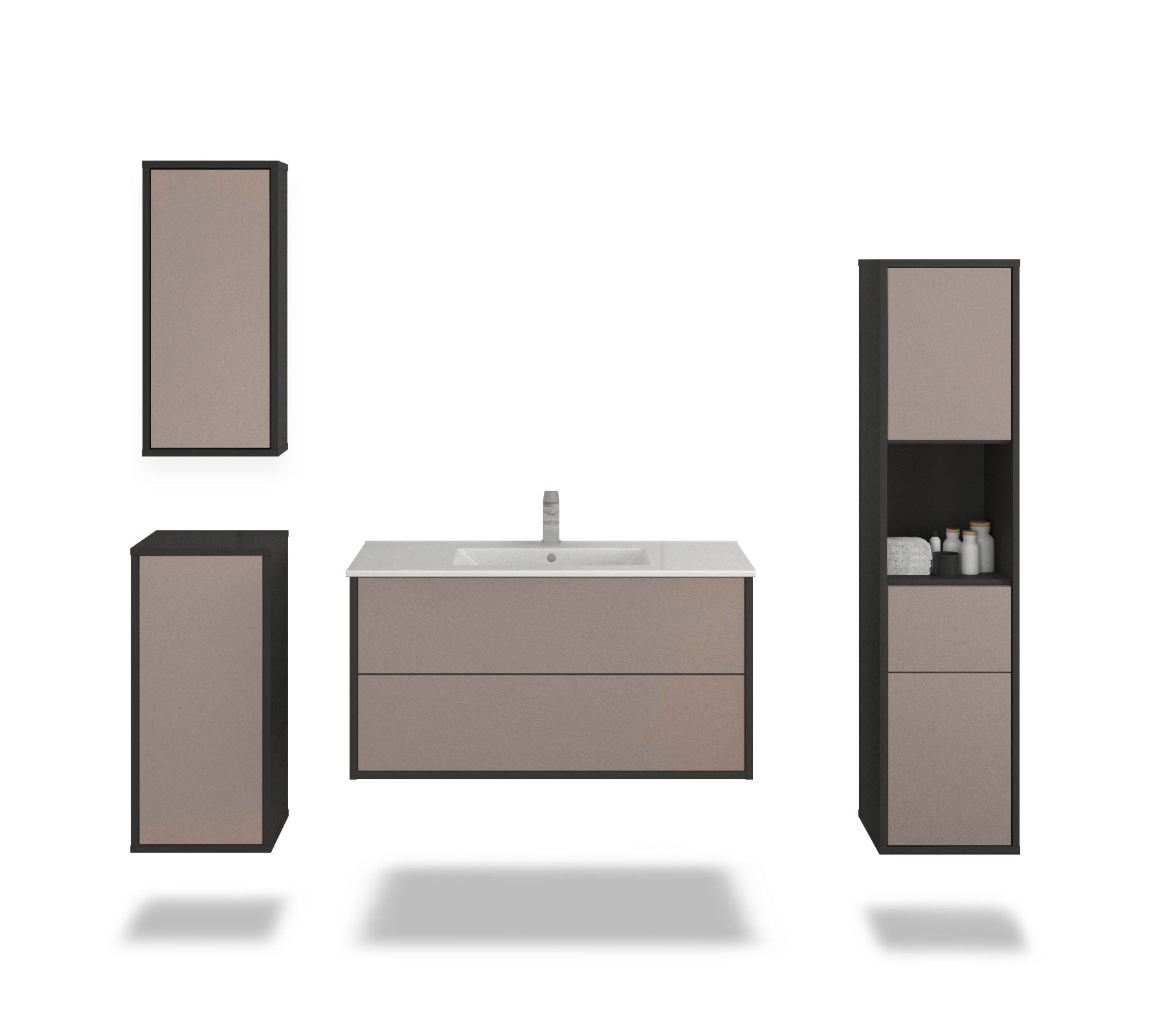 Badmöbelset - 4-Teilig Hades VII-I - Unifarb-Dekor/Anthrazit - Wandmontage - Push to Open - 100 cm