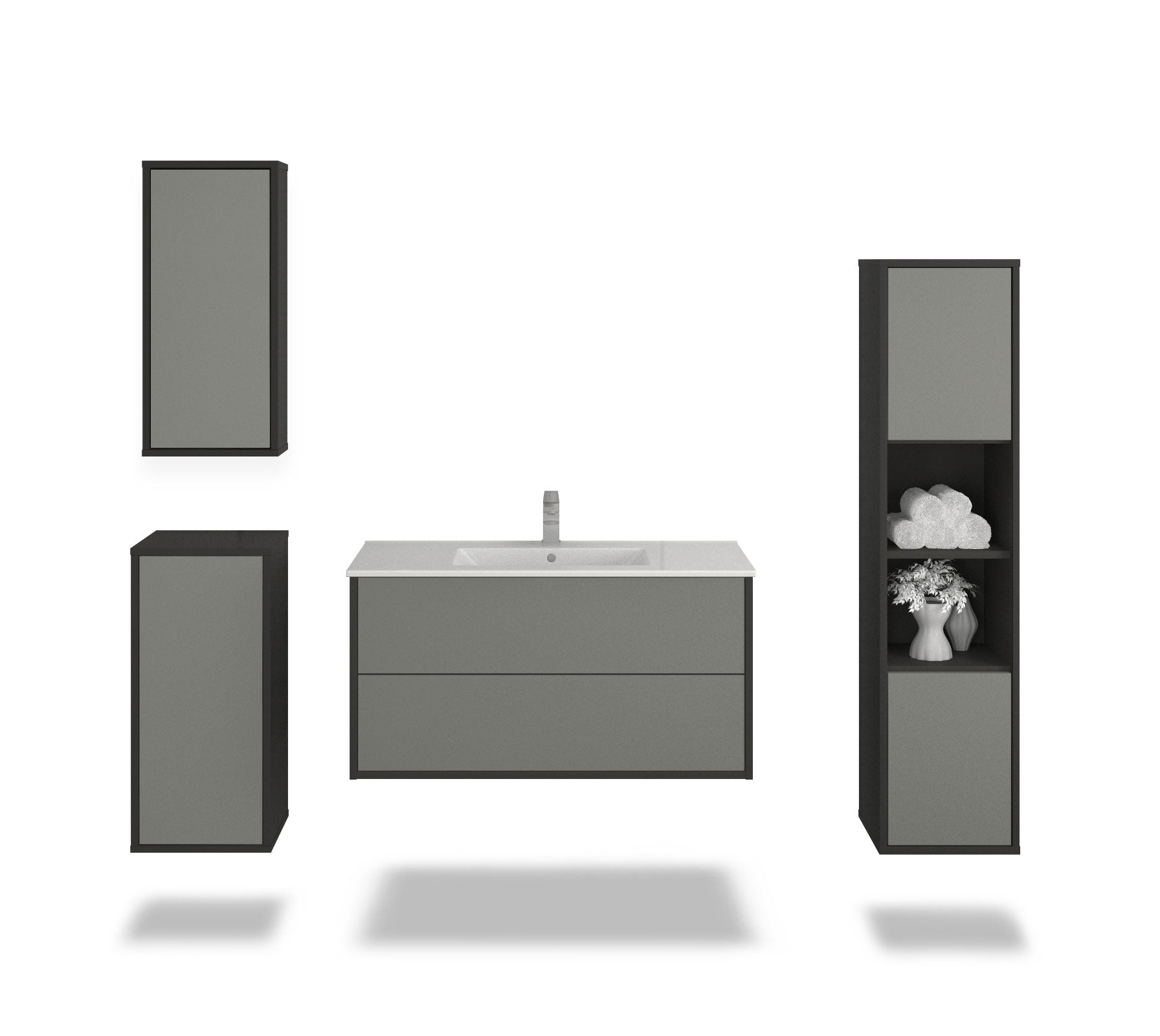 Badmöbelset - 4-Teilig Hades V-I - Unifarb-Dekor/Anthrazit - Wandmontage - Push to Open - 100 cm