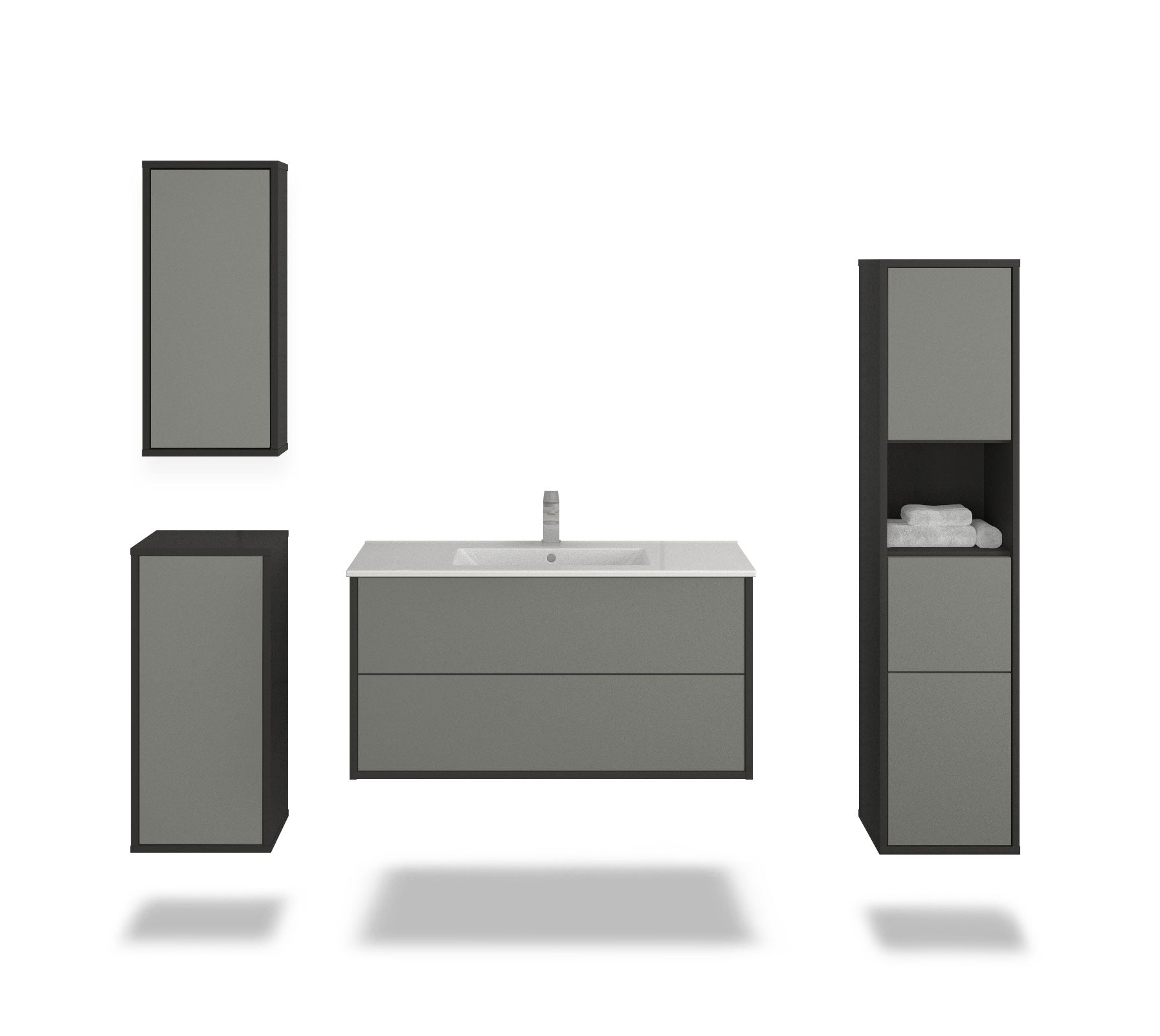 Badmöbelset - 4-Teilig Hades VI-I - Unifarb-Dekor/Anthrazit - Wandmontage - Push to Open - 100 cm