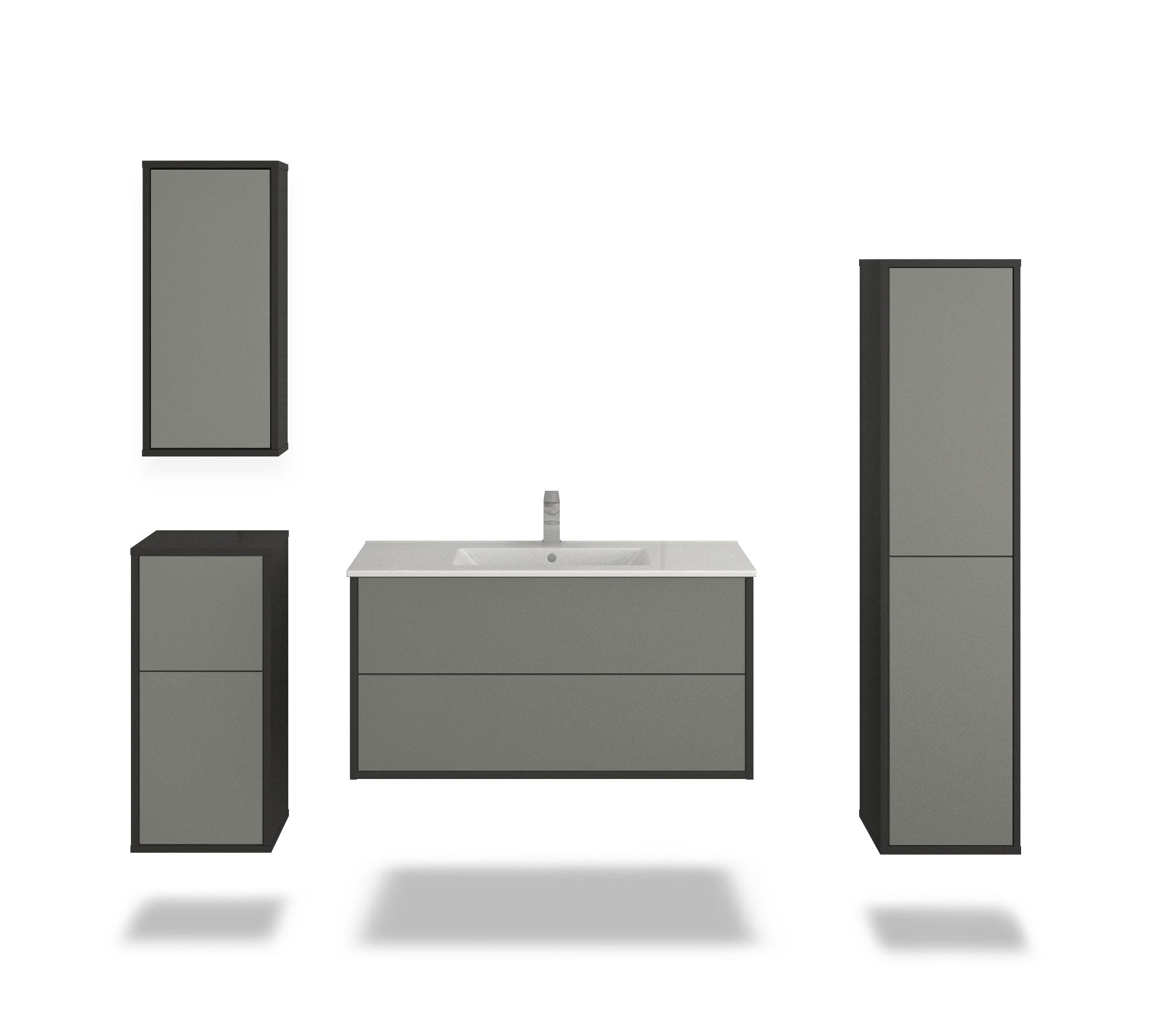 Badmöbelset - 4-Teilig Hades I-III - Unifarb-Dekor/Anthrazit - Wandmontage - Push to Open - 100 cm