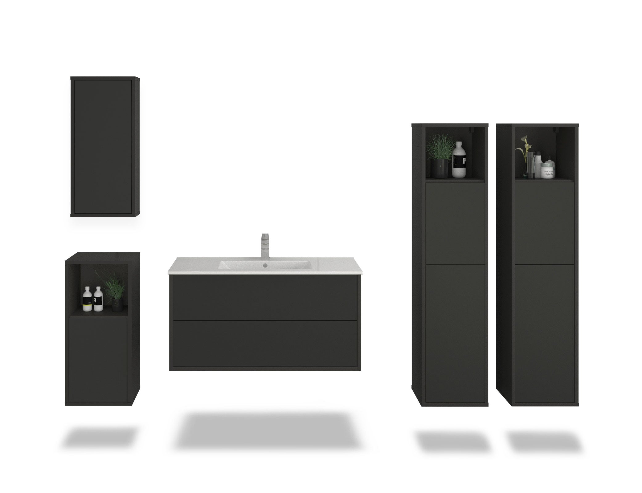Badmöbelset - 5-Teilig Hades III-II - Unifarb-Dekor/Anthrazit - Wandmontage - Push to Open - 100 cm