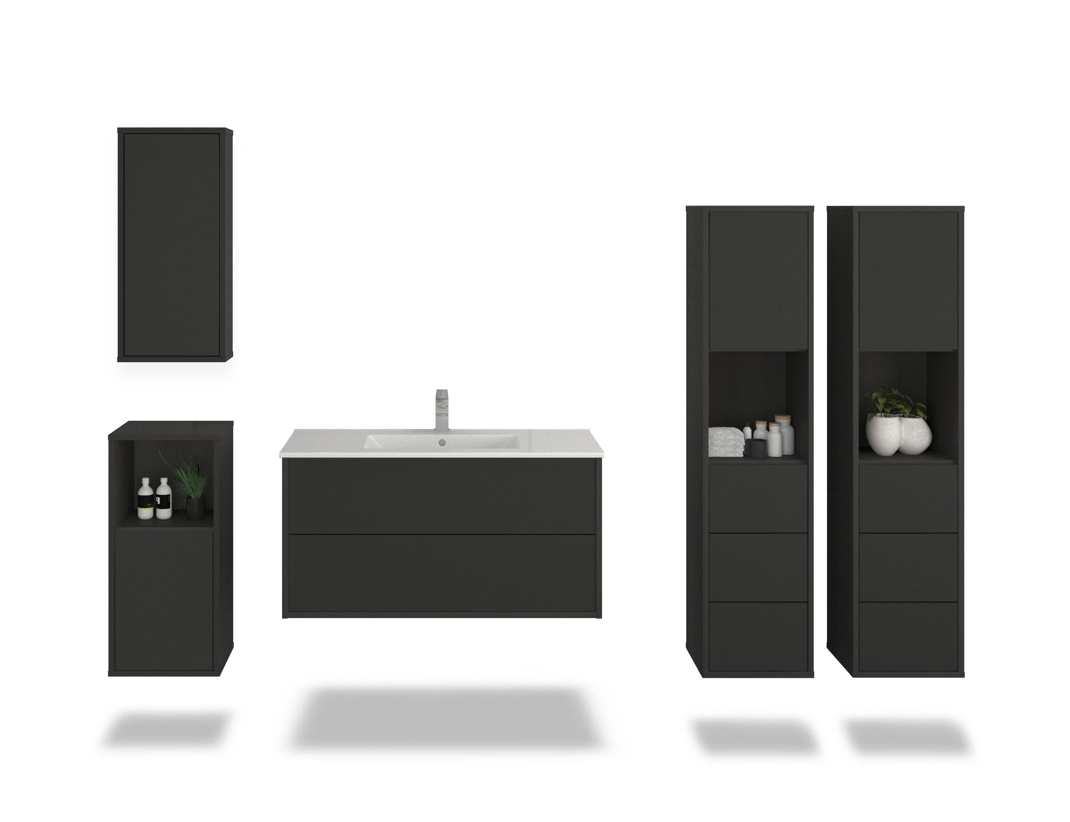 Badmöbelset - 5-Teilig Hades VIII-II - Unifarb-Dekor/Anthrazit - Wandmontage - Push to Open - 100 cm