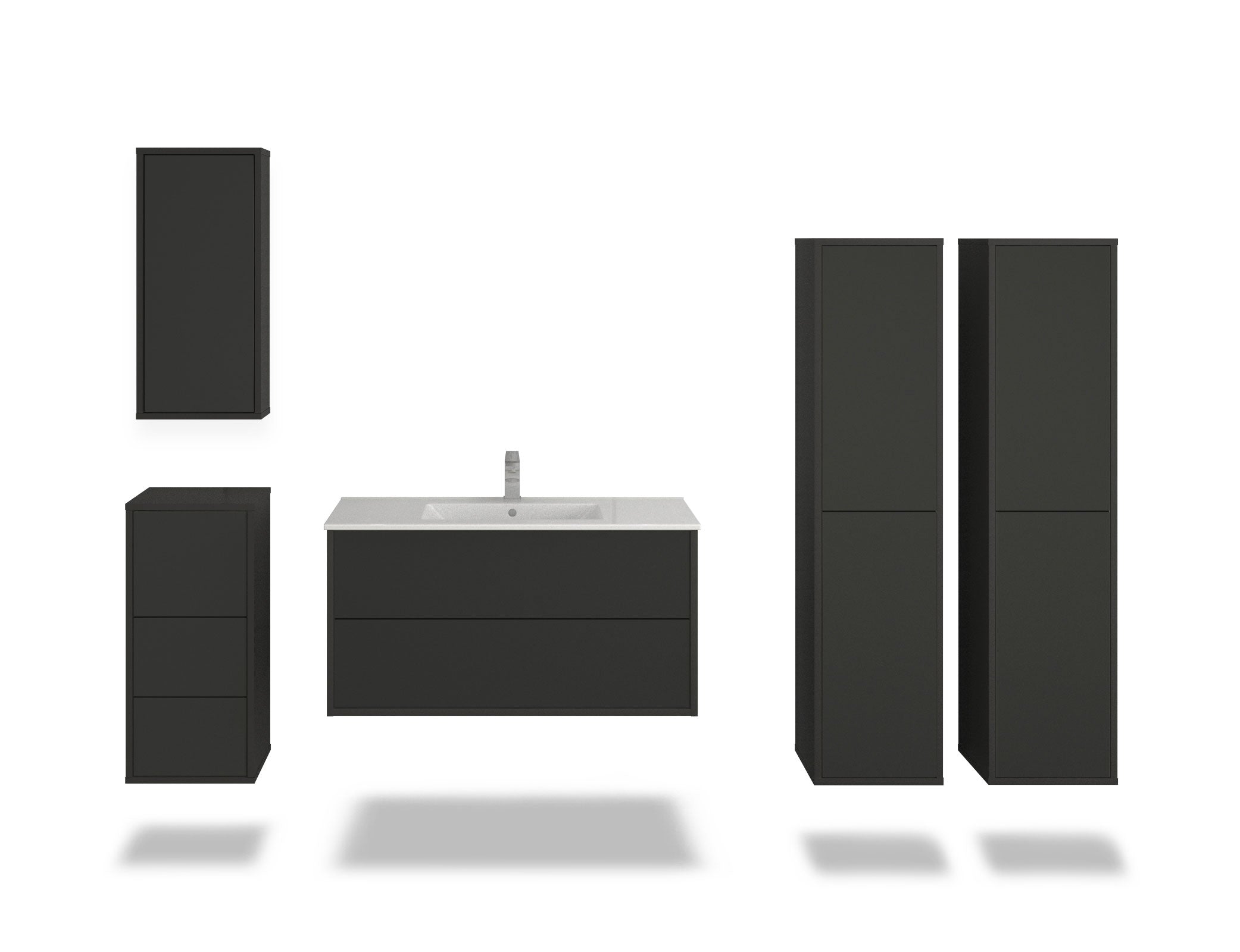 Badmöbelset - 5-Teilig Hades I-IV - Unifarb-Dekor/Anthrazit - Wandmontage - Push to Open - 100 cm
