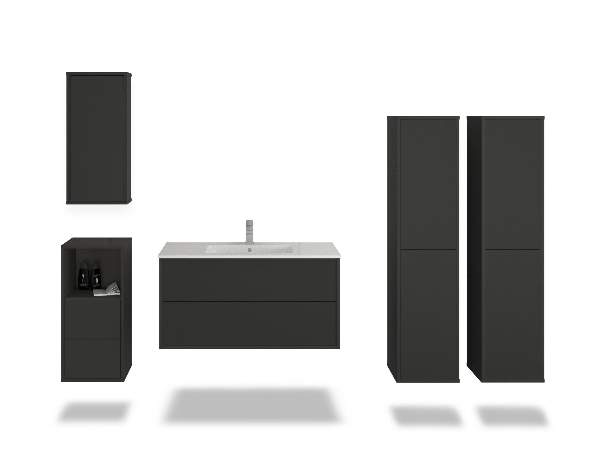 Badmöbelset - 5-Teilig Hades I-V - Unifarb-Dekor/Anthrazit - Wandmontage - Push to Open - 100 cm