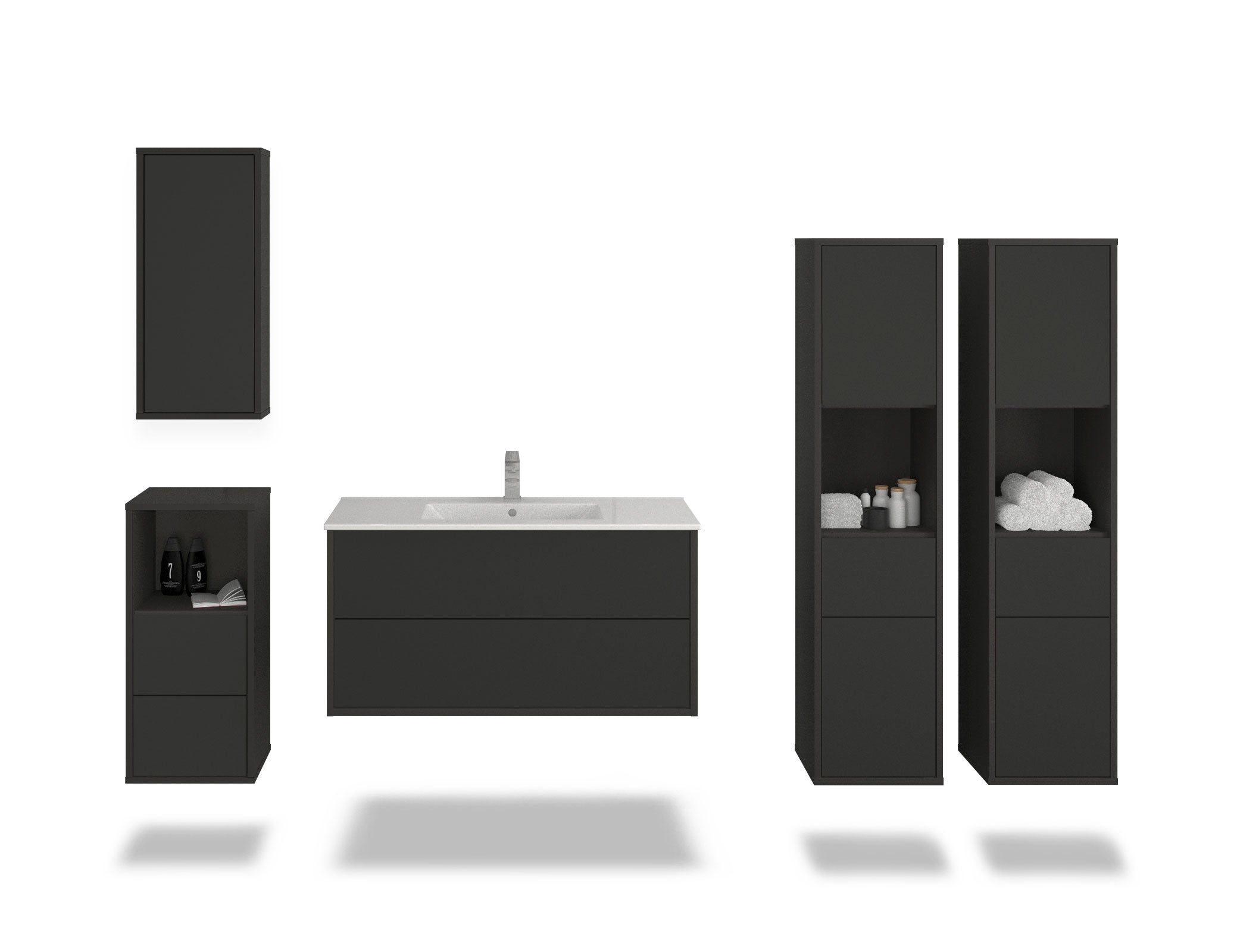 Badmöbelset - 5-Teilig Hades VII-V - Unifarb-Dekor/Anthrazit - Wandmontage - Push to Open - 100 cm