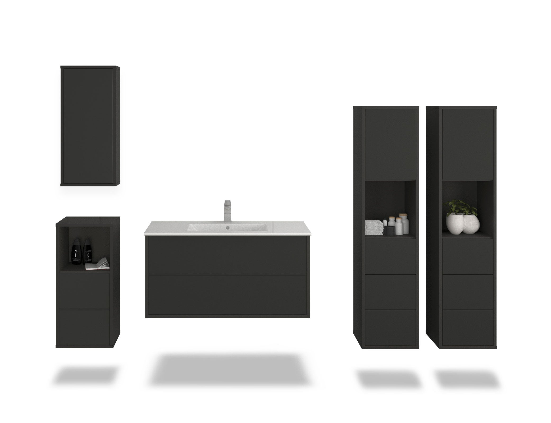 Badmöbelset - 5-Teilig Hades VIII-V - Unifarb-Dekor/Anthrazit - Wandmontage - Push to Open - 100 cm