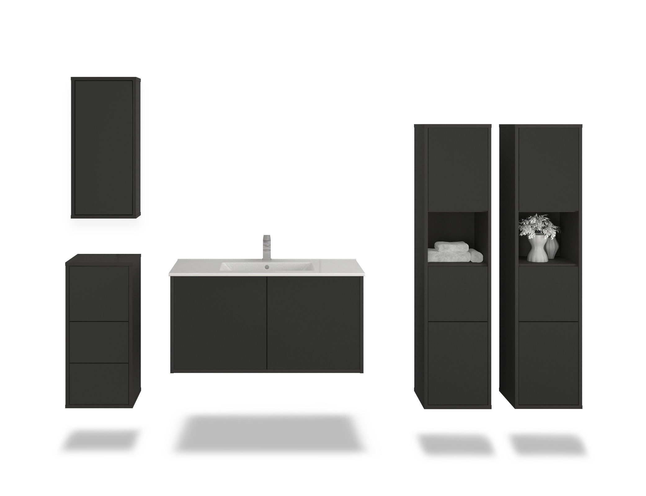 Badmöbelset - 5-Teilig Athene VI-IV - Unifarb-Dekor/Anthrazit - Wandmontage - Push to Open - 100 cm