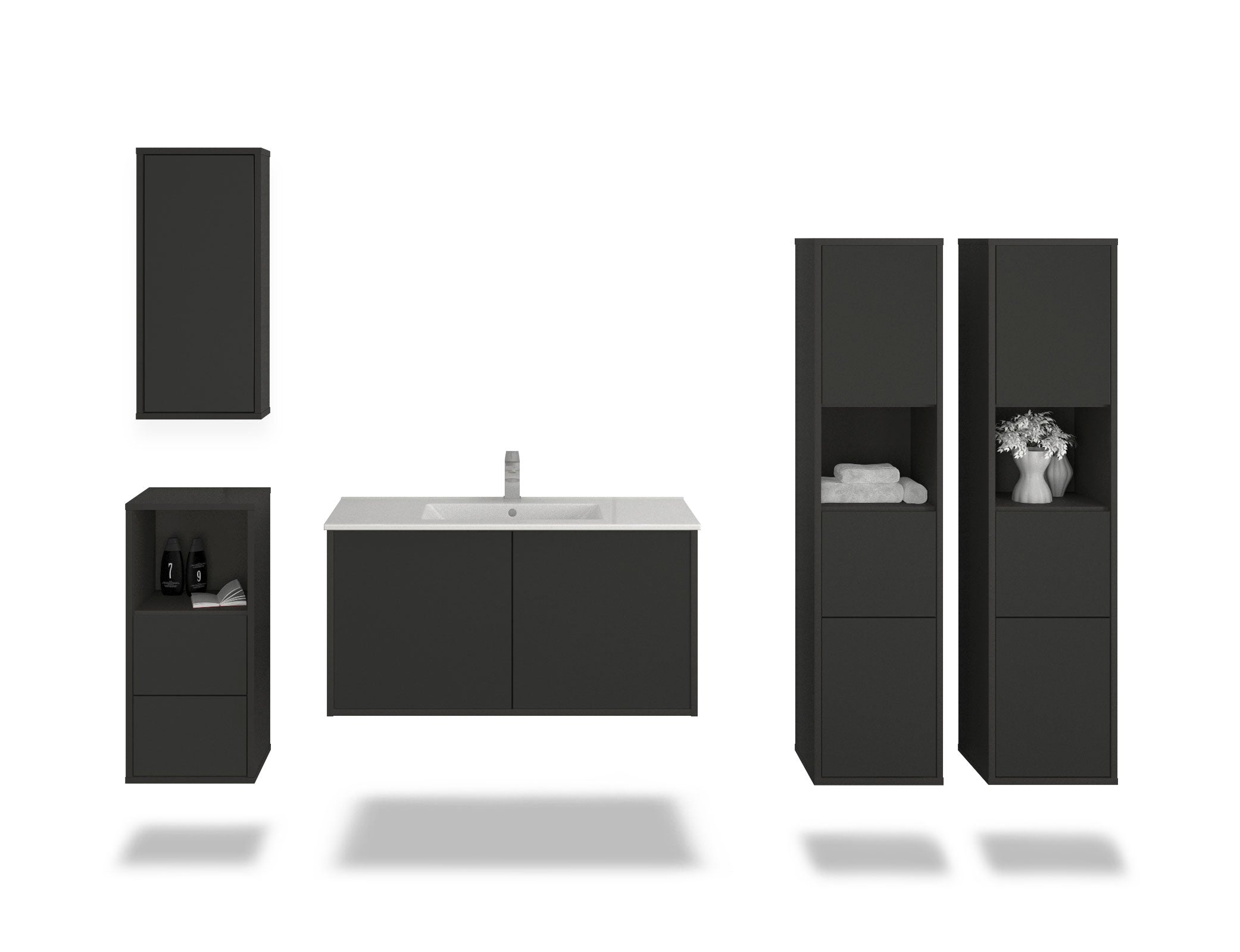 Badmöbelset - 5-Teilig Athene VI-V - Unifarb-Dekor/Anthrazit - Wandmontage - Push to Open - 100 cm