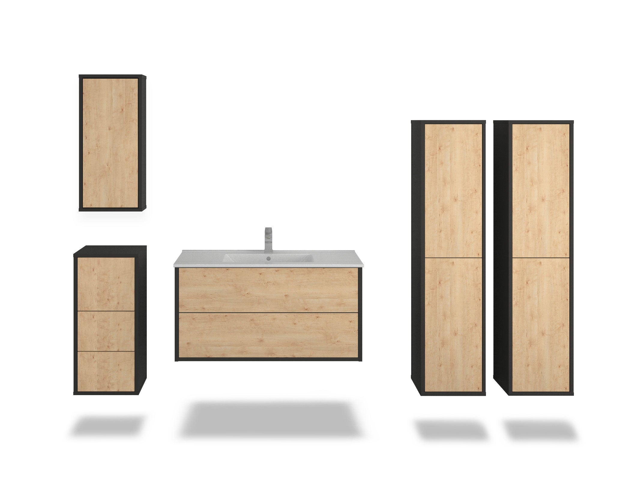 Badmöbelset - 5-Teilig Hades I-IV - Holz-Dekor/Anthrazit - Wandmontage - Push to Open - 100 cm