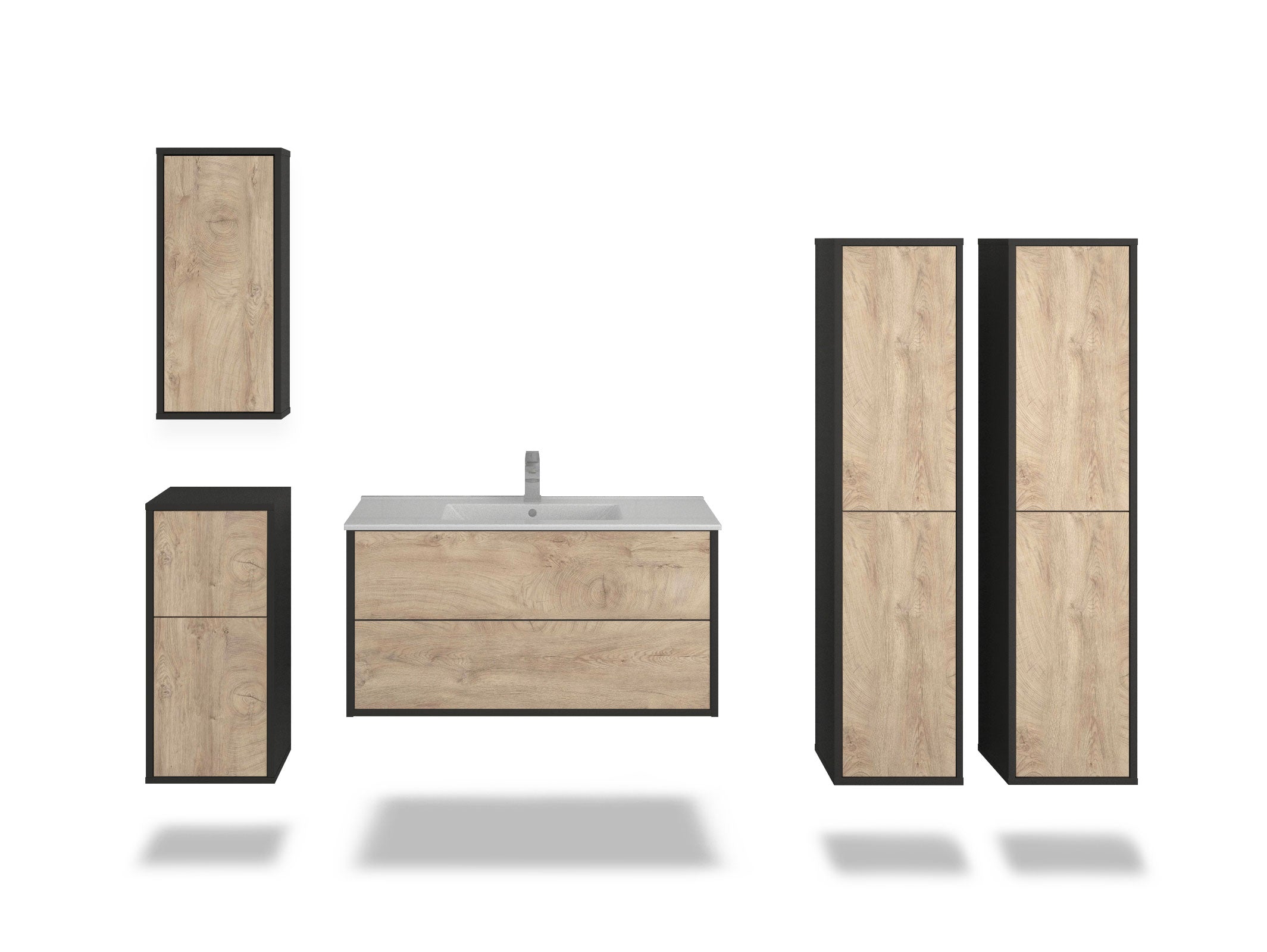 Badmöbelset - 5-Teilig Hades I-III - Holz-Dekor/Anthrazit - Wandmontage - Push to Open - 100 cm