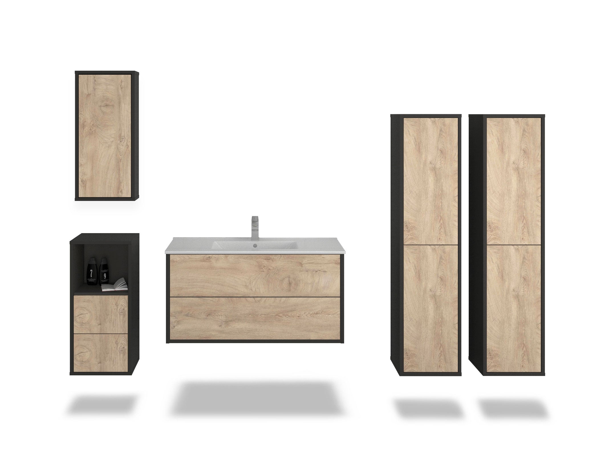 Badmöbelset - 5-Teilig Hades I-V - Holz-Dekor/Anthrazit - Wandmontage - Push to Open - 100 cm