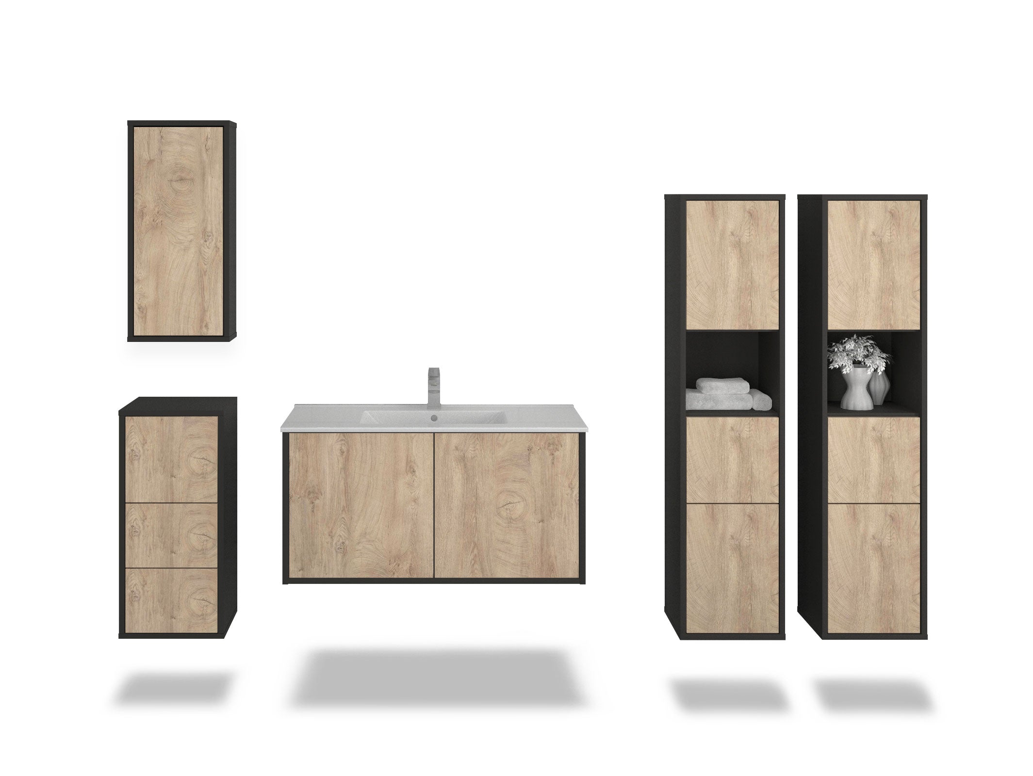 Badmöbelset - 5-Teilig Athene VI-IV - Holz-Dekor/Anthrazit - Wandmontage - Push to Open - 100 cm