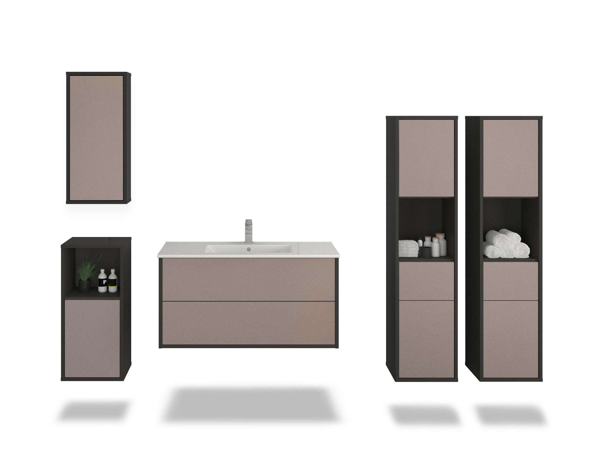 Badmöbelset - 5-Teilig Hades VII-II - Unifarb-Dekor/Anthrazit - Wandmontage - Push to Open - 100 cm