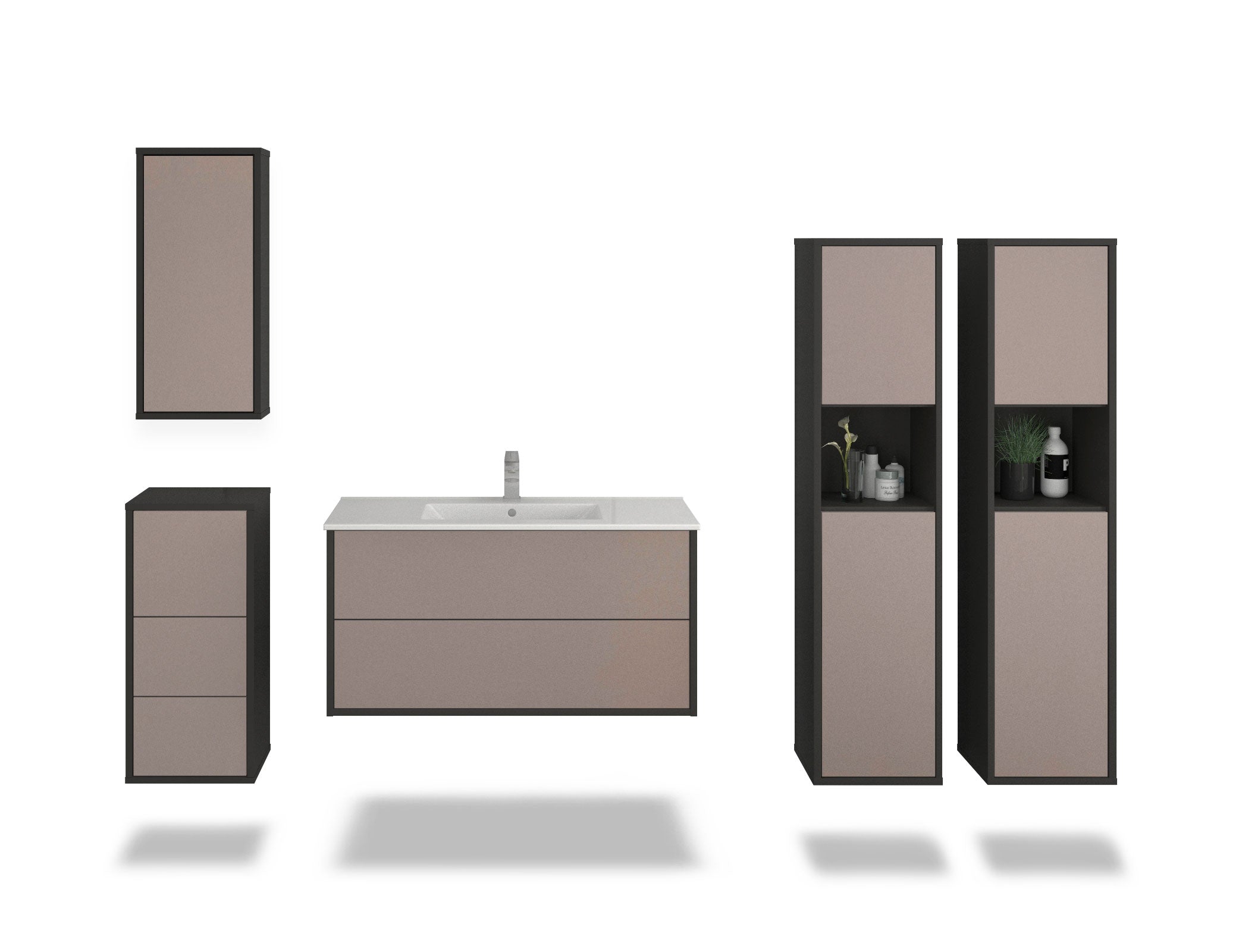 Badmöbelset - 5-Teilig Hades II-IV - Unifarb-Dekor/Anthrazit - Wandmontage - Push to Open - 100 cm