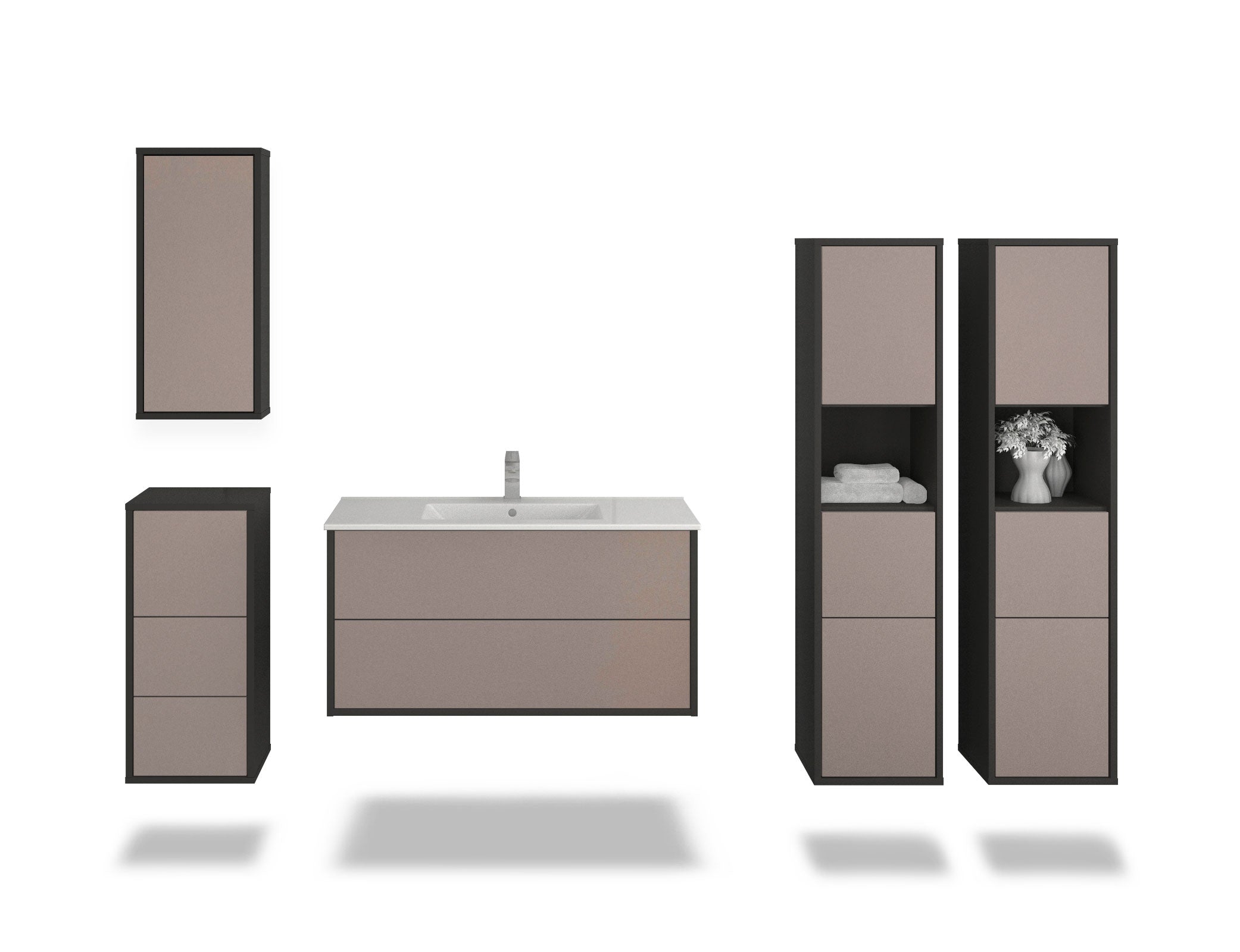 Badmöbelset - 5-Teilig Hades VI-IV - Unifarb-Dekor/Anthrazit - Wandmontage - Push to Open - 100 cm