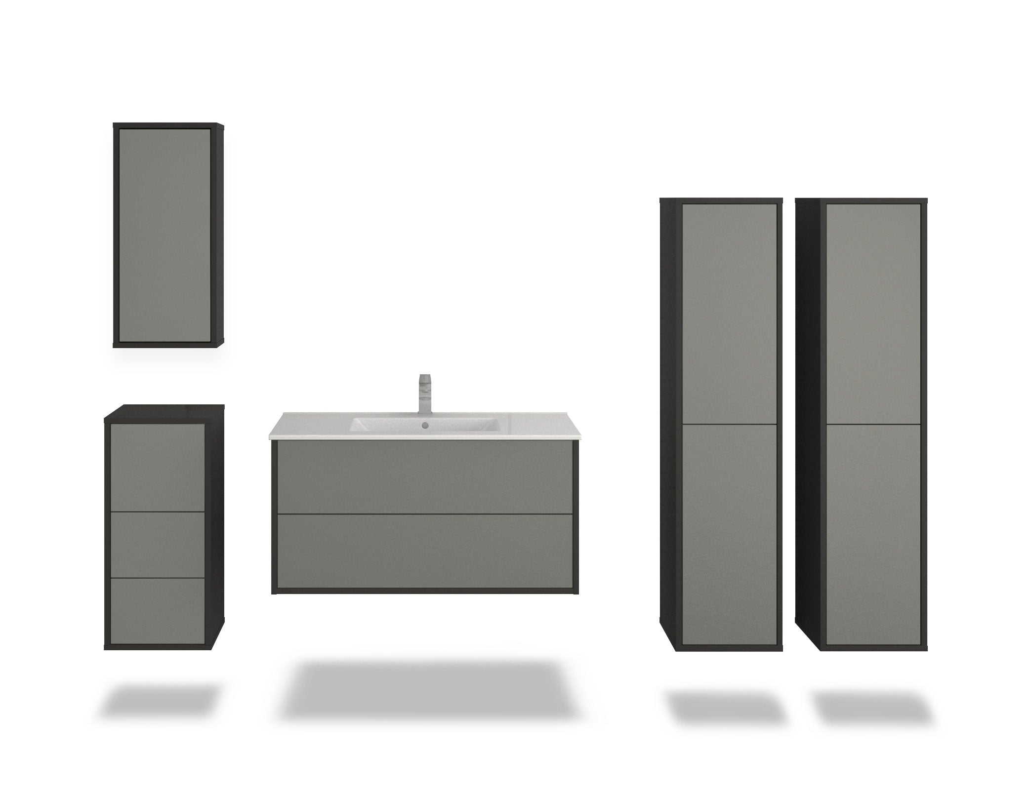 Badmöbelset - 5-Teilig Hades I-IV - Unifarb-Dekor/Anthrazit - Wandmontage - Push to Open - 100 cm