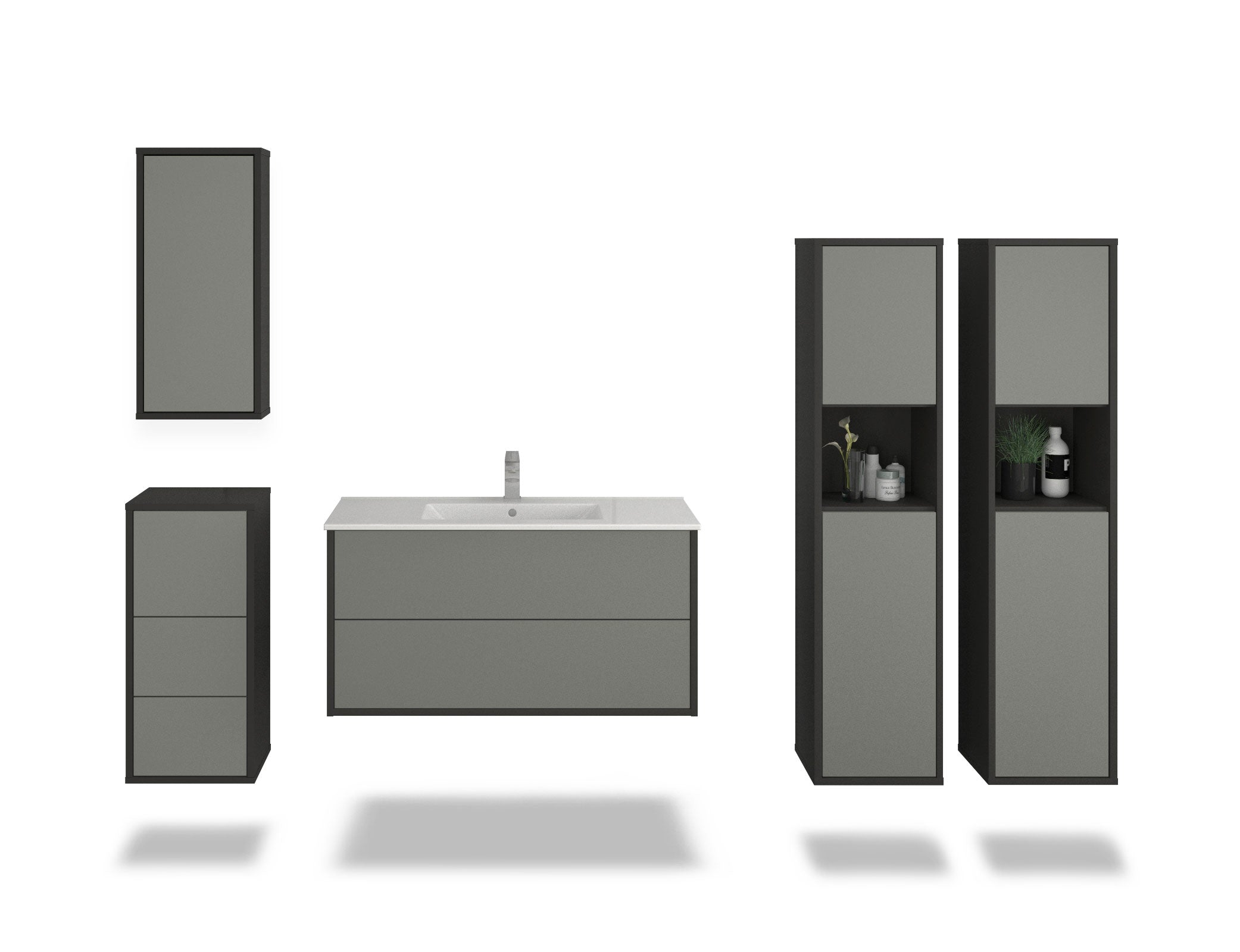 Badmöbelset - 5-Teilig Hades II-IV - Unifarb-Dekor/Anthrazit - Wandmontage - Push to Open - 100 cm