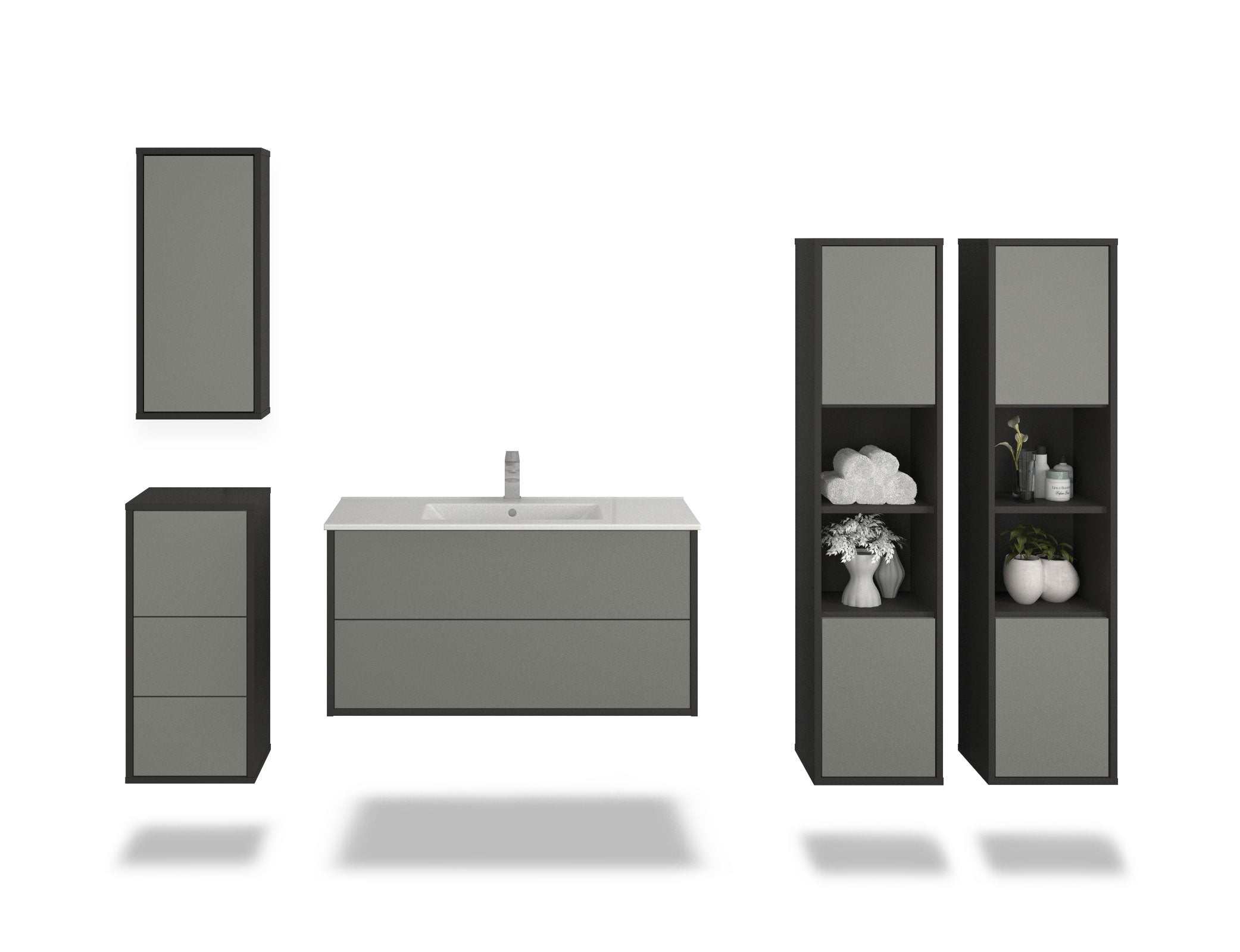 Badmöbelset - 5-Teilig Hades V-IV - Unifarb-Dekor/Anthrazit - Wandmontage - Push to Open - 100 cm