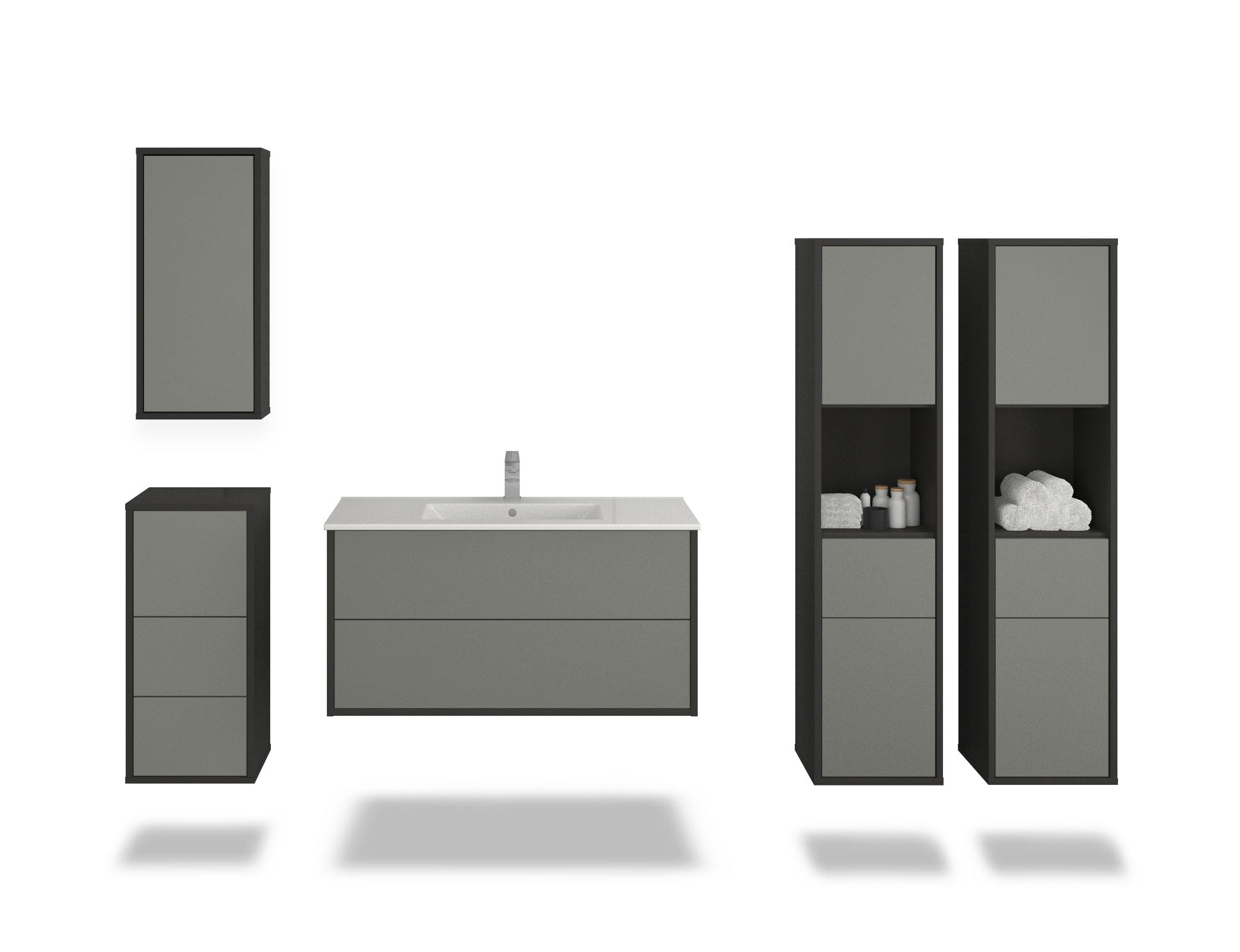 Badmöbelset - 5-Teilig Hades VII-IV - Unifarb-Dekor/Anthrazit - Wandmontage - Push to Open - 100 cm
