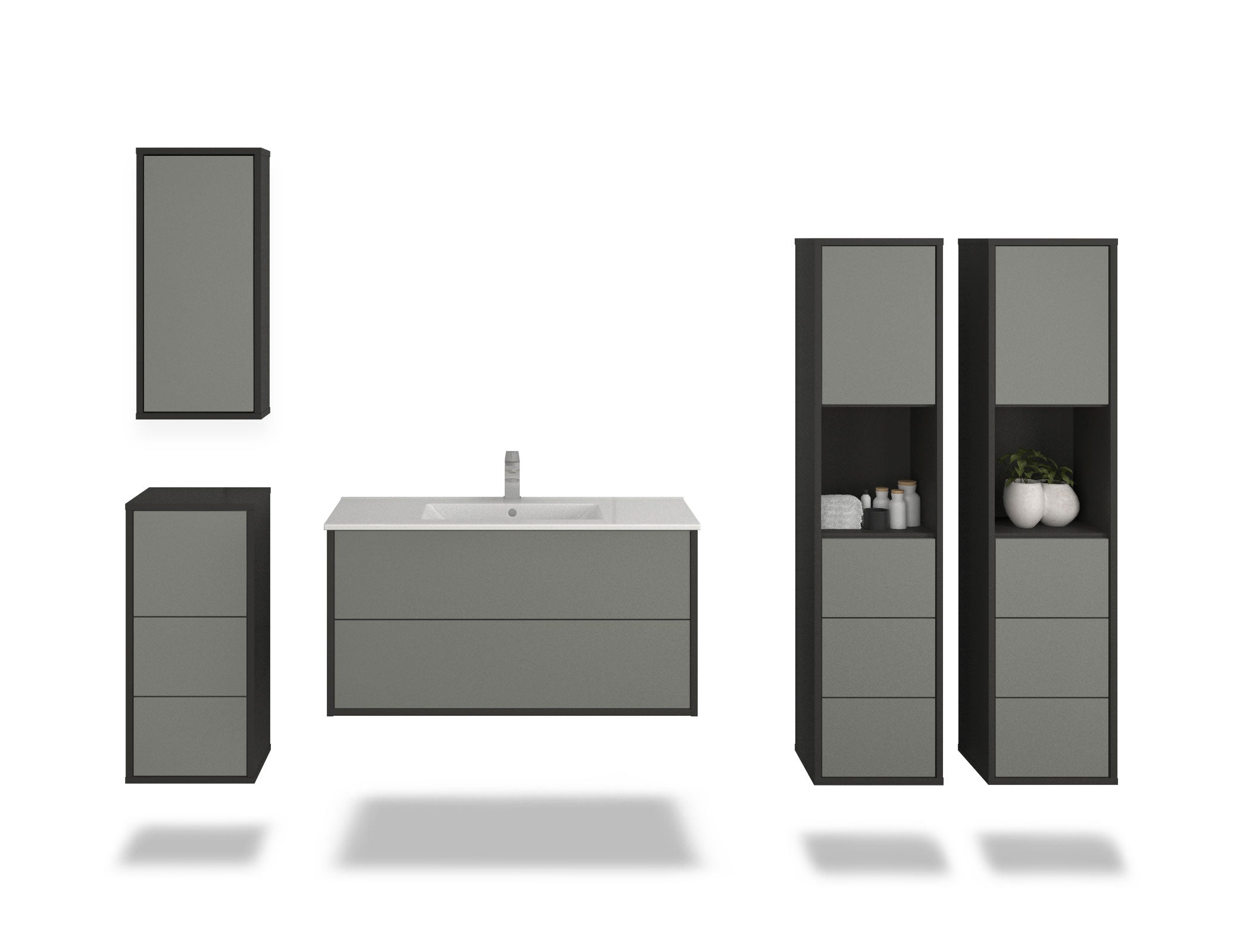 Badmöbelset - 5-Teilig Hades VIII-IV - Unifarb-Dekor/Anthrazit - Wandmontage - Push to Open - 100 cm