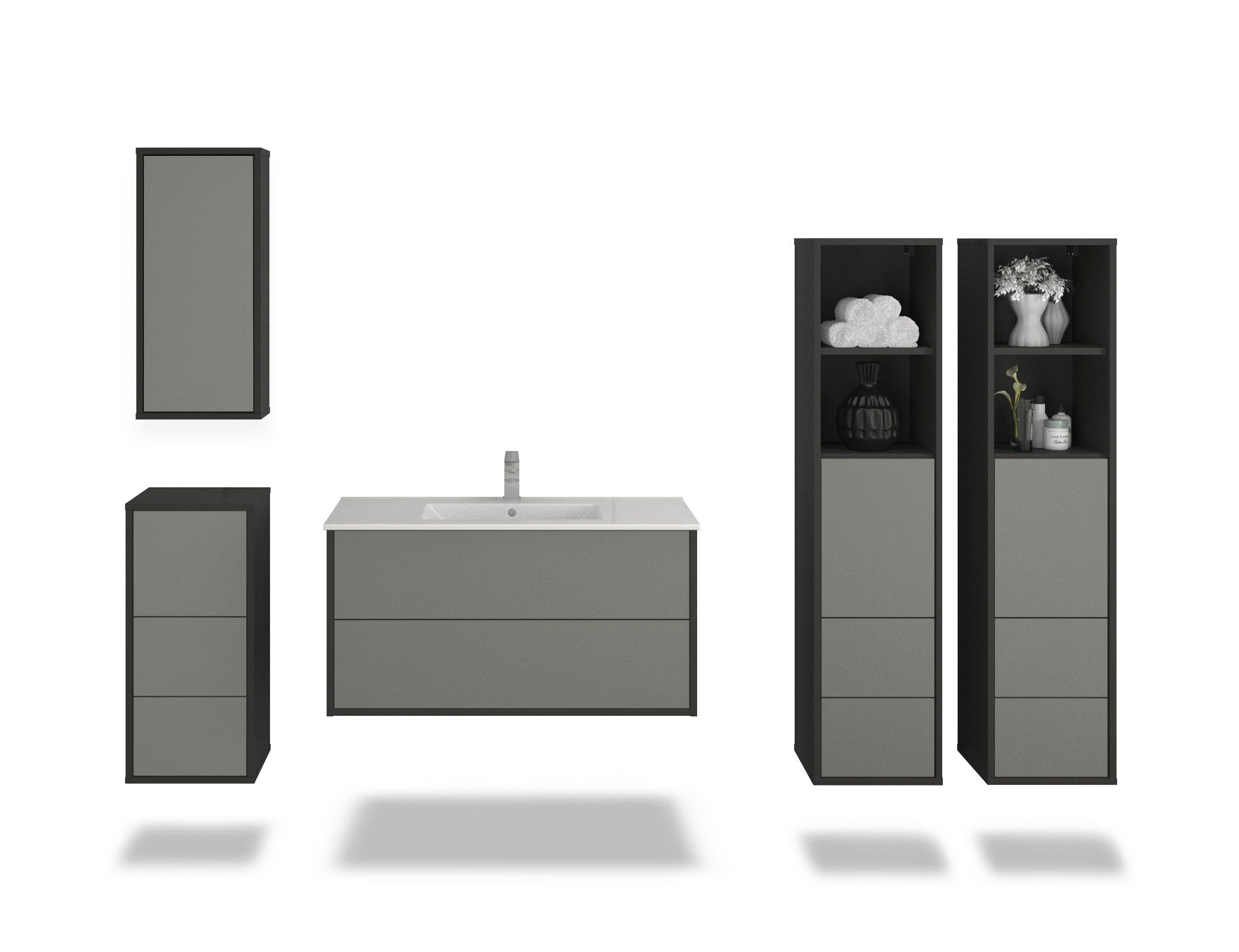 Badmöbelset - 5-Teilig Hades IX-IV - Unifarb-Dekor/Anthrazit - Wandmontage - Push to Open - 100 cm