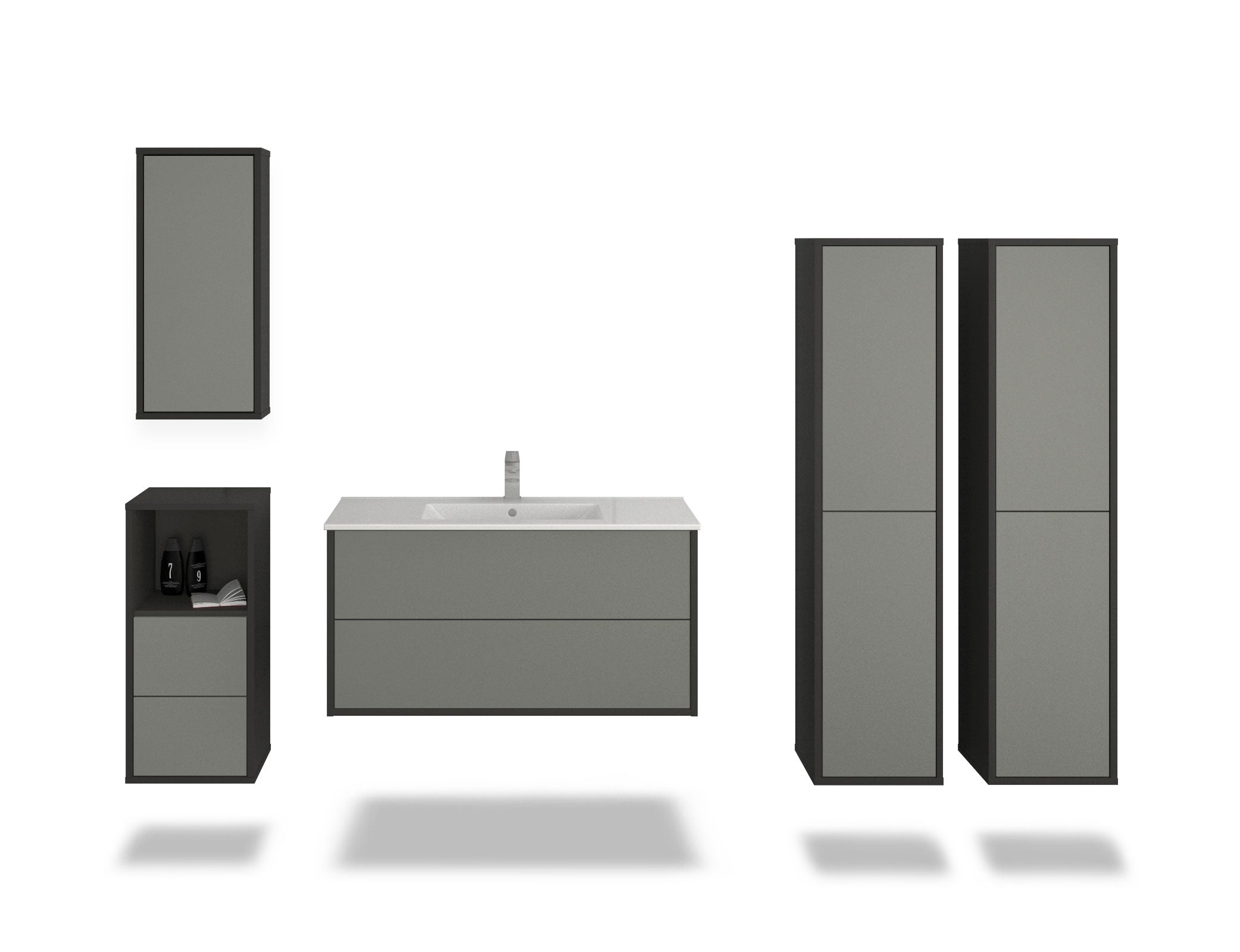 Badmöbelset - 5-Teilig Hades I-V - Unifarb-Dekor/Anthrazit - Wandmontage - Push to Open - 100 cm