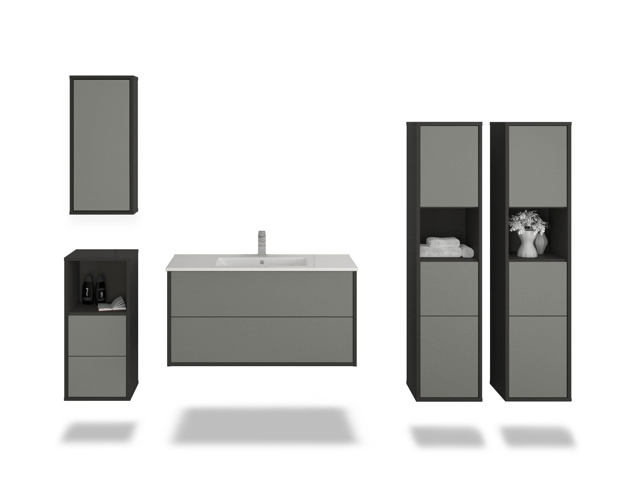 Badmöbelset - 5-Teilig Hades VI-V - Unifarb-Dekor/Anthrazit - Wandmontage - Push to Open - 100 cm