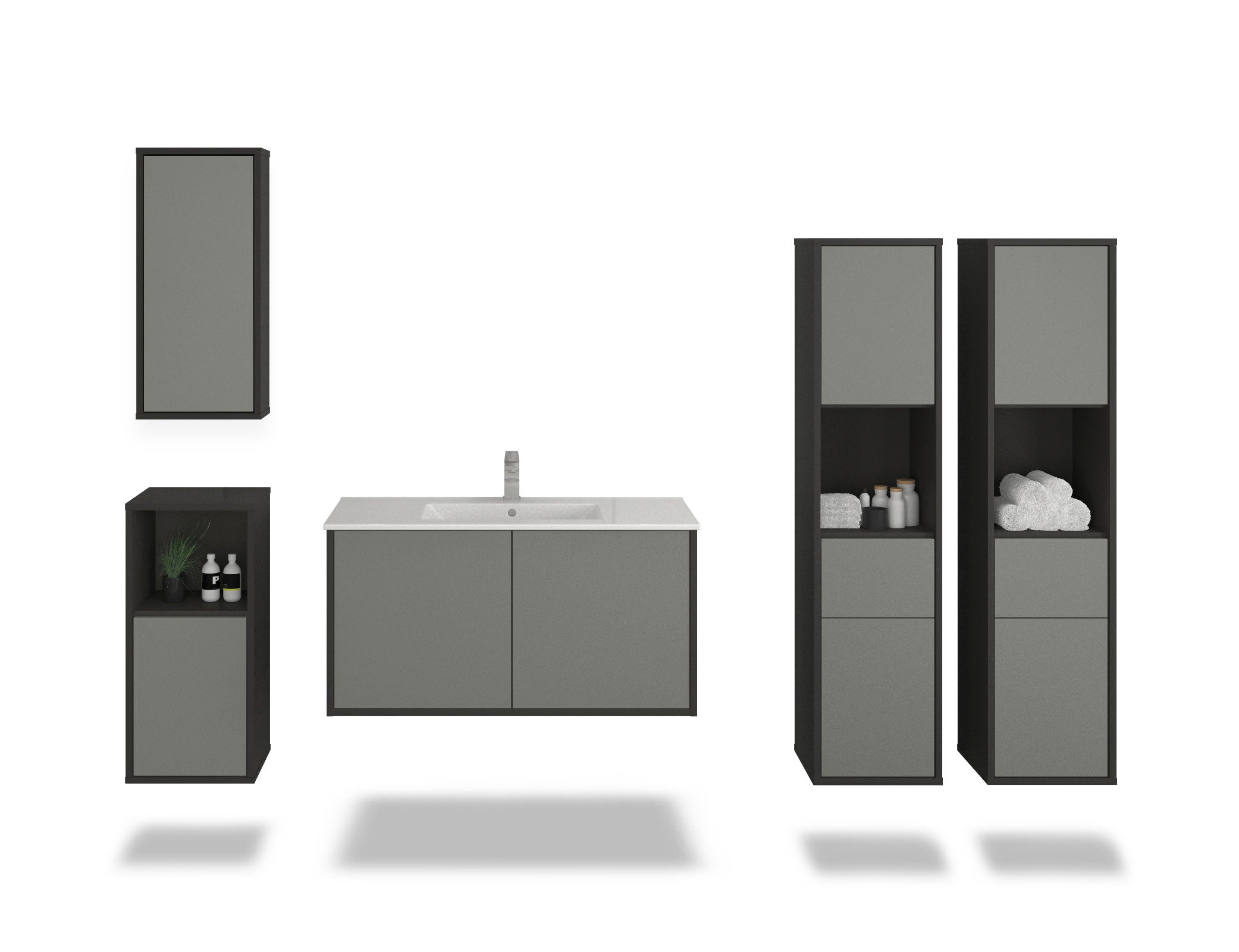 Badmöbelset - 5-Teilig Athene VII-II - Unifarb-Dekor/Anthrazit - Wandmontage - Push to Open - 100 cm