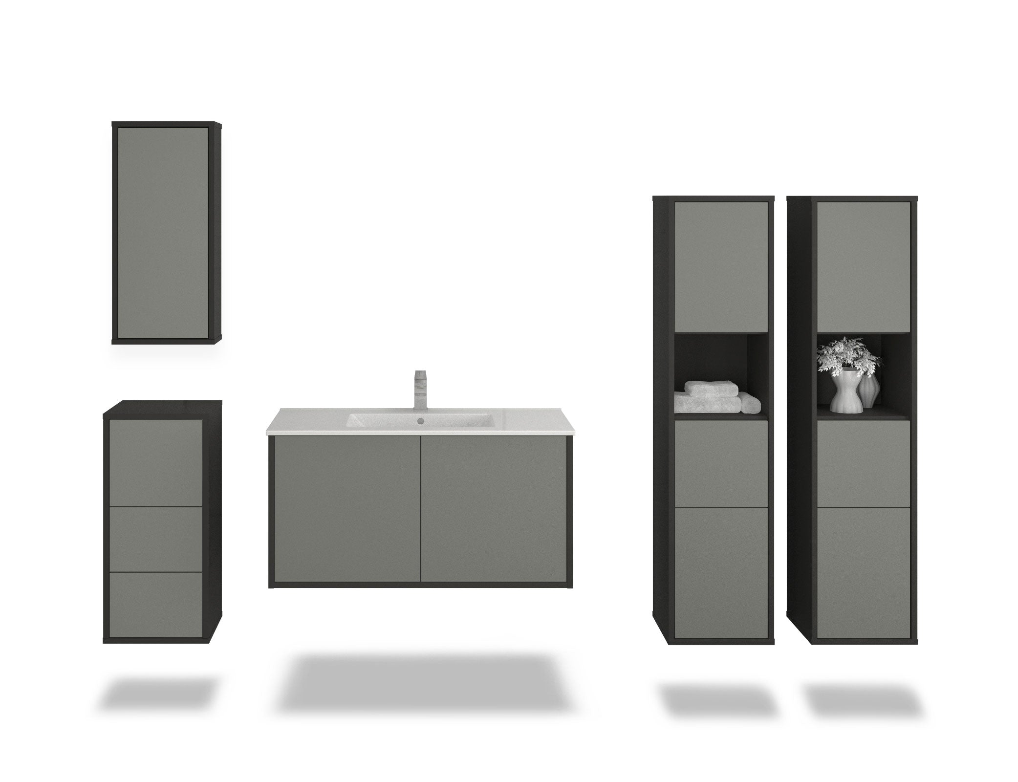 Badmöbelset - 5-Teilig Athene VI-IV - Unifarb-Dekor/Anthrazit - Wandmontage - Push to Open - 100 cm