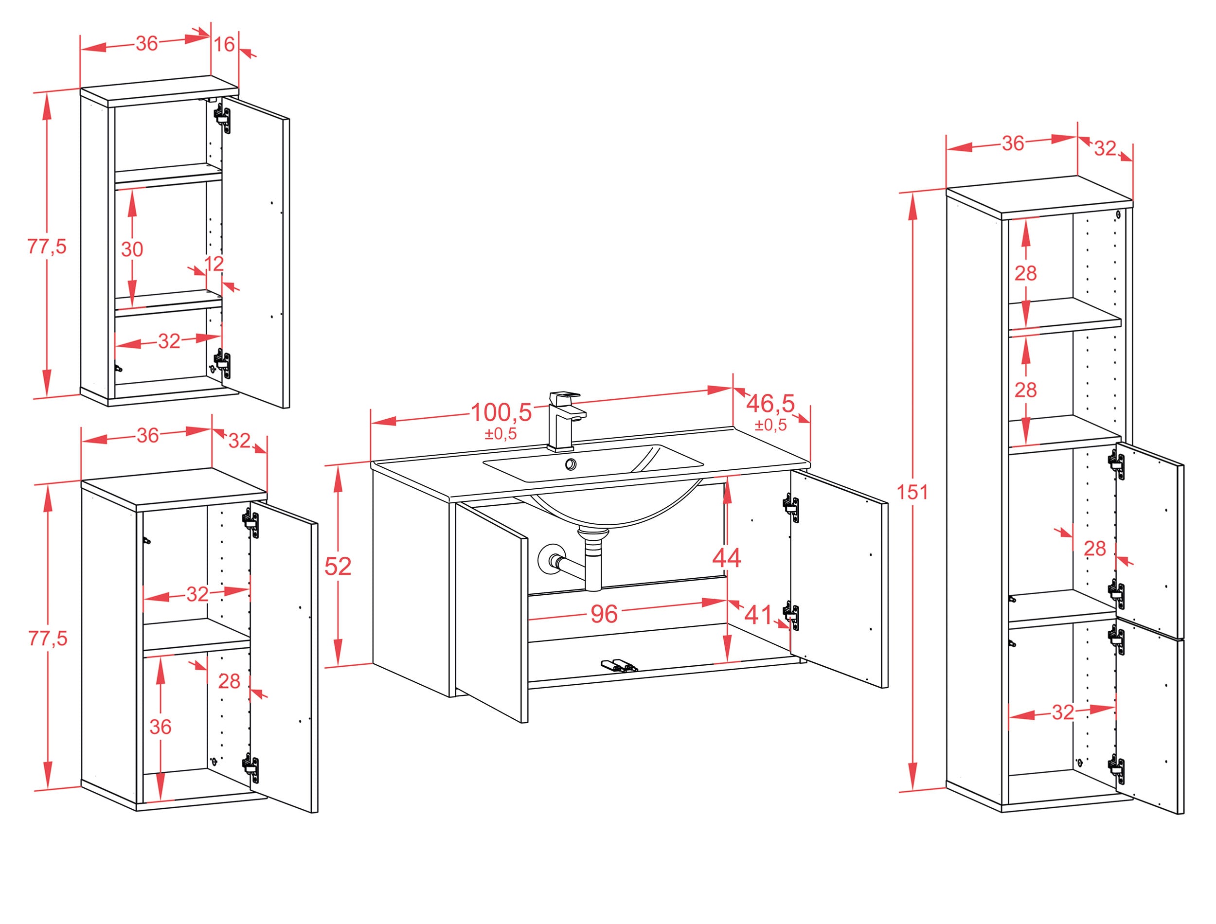Badmöbelset - 4-Teilig Athene IV-I - Unifarb-Dekor/Anthrazit - Wandmontage - Push to Open - 100 cm