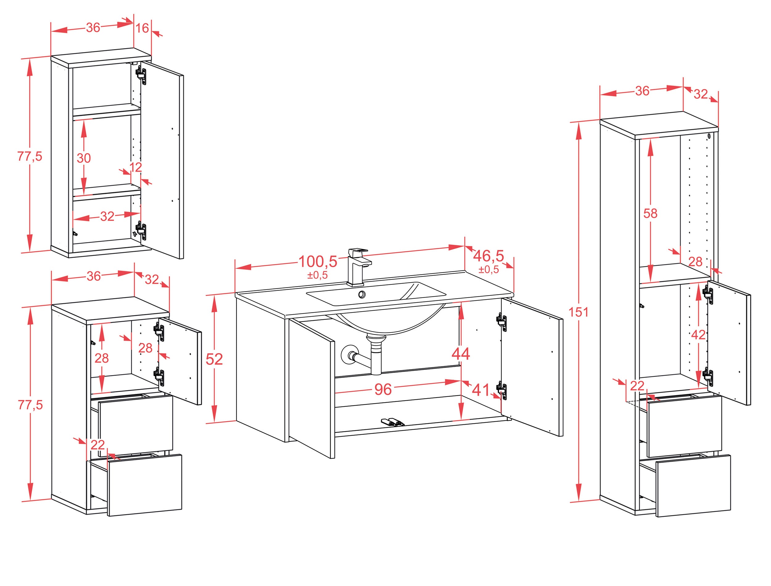 Badmöbelset - 4-Teilig Athene IX-IV - Holz-Dekor/Anthrazit - Wandmontage - Push to Open - 100 cm