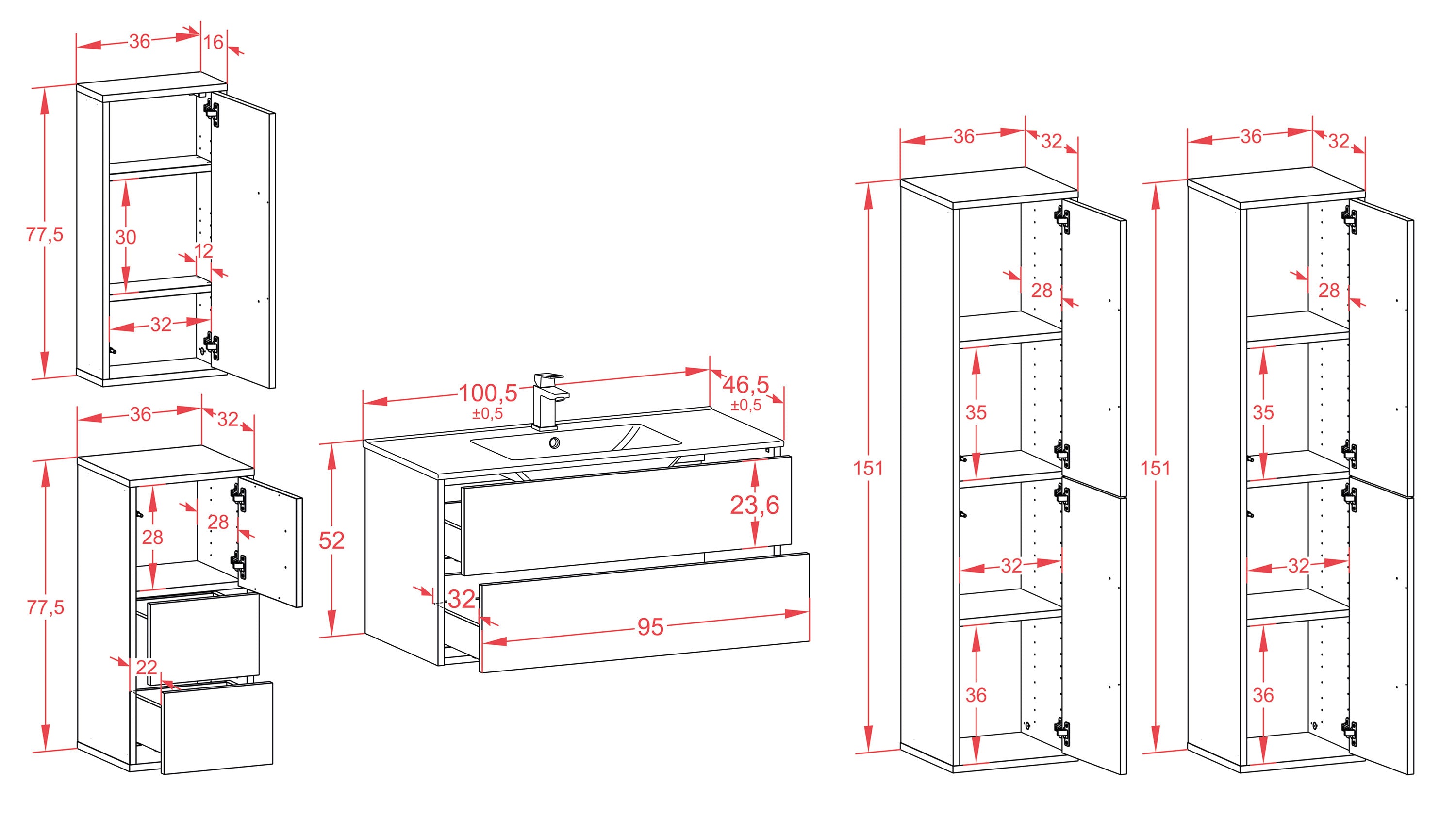 Badmöbelset - 5-Teilig Hades I-IV - Dunkles Holz-Dekor/Anthrazit - Wandmontage - Push to Open - 100 cm