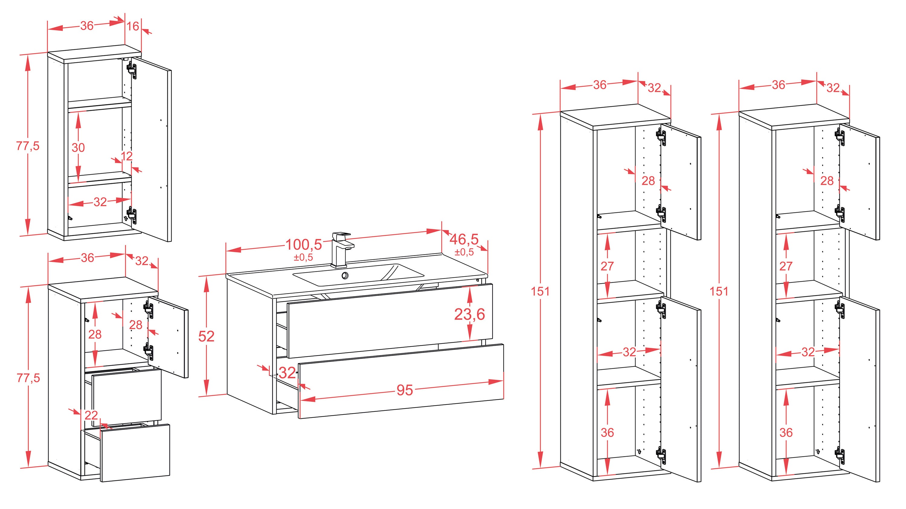 Badmöbelset - 5-Teilig Hades II-IV - Holz-Dekor/Anthrazit - Wandmontage - Push to Open - 100 cm