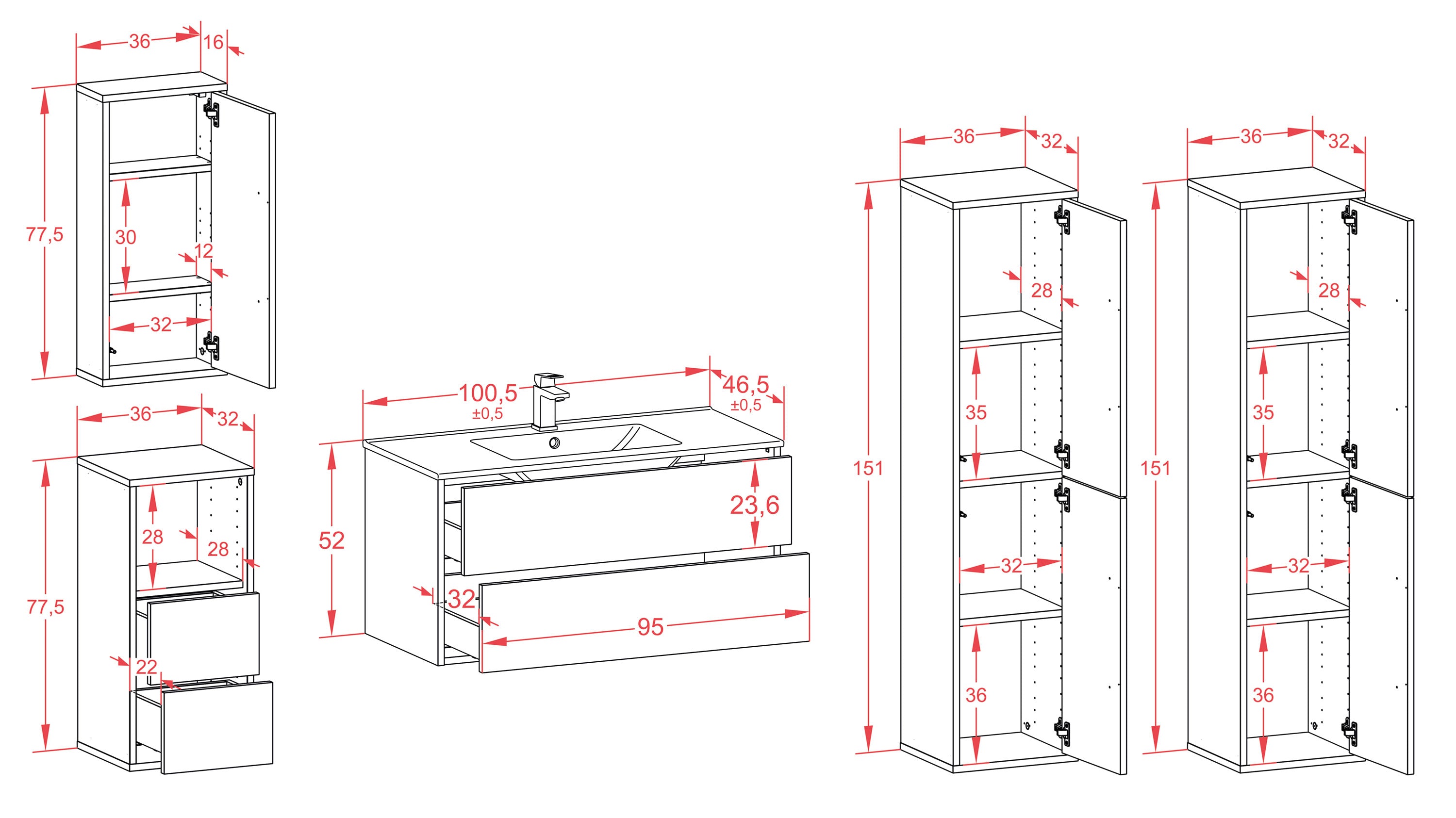 Badmöbelset - 5-Teilig Hades I-V - Dunkles Holz-Dekor/Anthrazit - Wandmontage - Push to Open - 100 cm