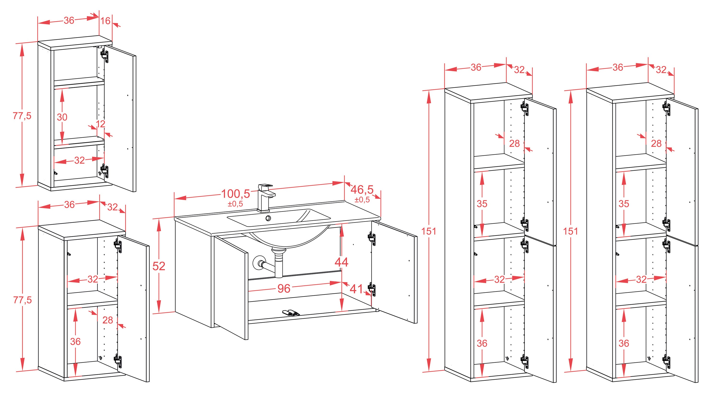 Badmöbelset - 5-Teilig Athene I-I - Holz-Dekor/Anthrazit - Wandmontage - Push to Open - 100 cm