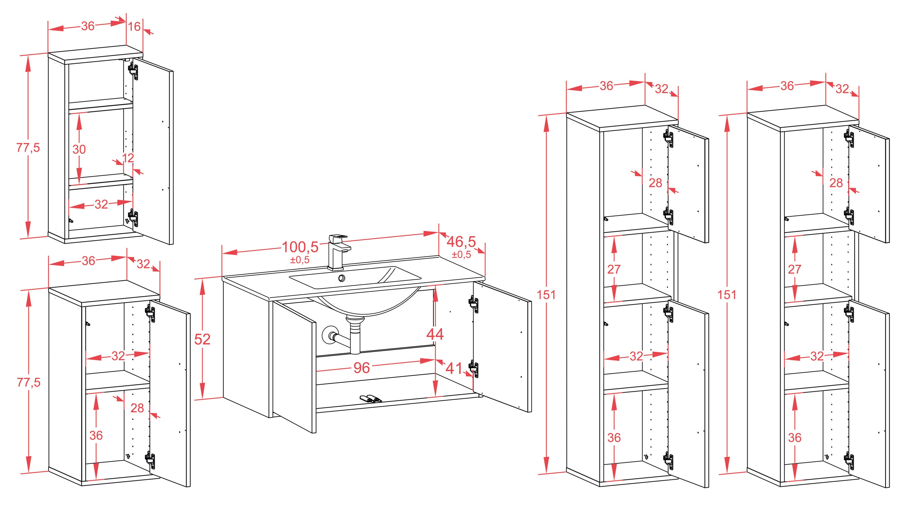 Badmöbelset - 5-Teilig Athene II-I - Holz-Dekor/Anthrazit - Wandmontage - Push to Open - 100 cm