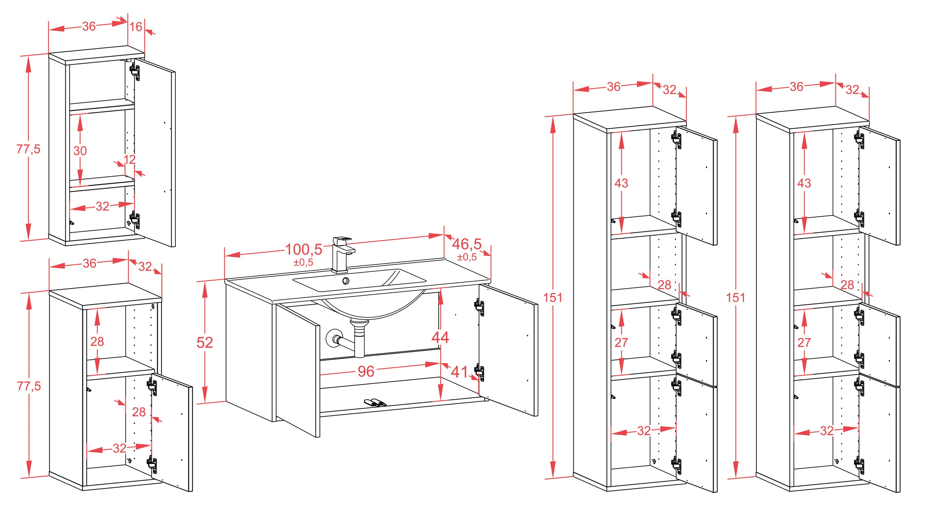 Badmöbelset - 5-Teilig Athene VI-II - HG-Dekor/Anthrazit - Wandmontage - Push to Open - 100 cm