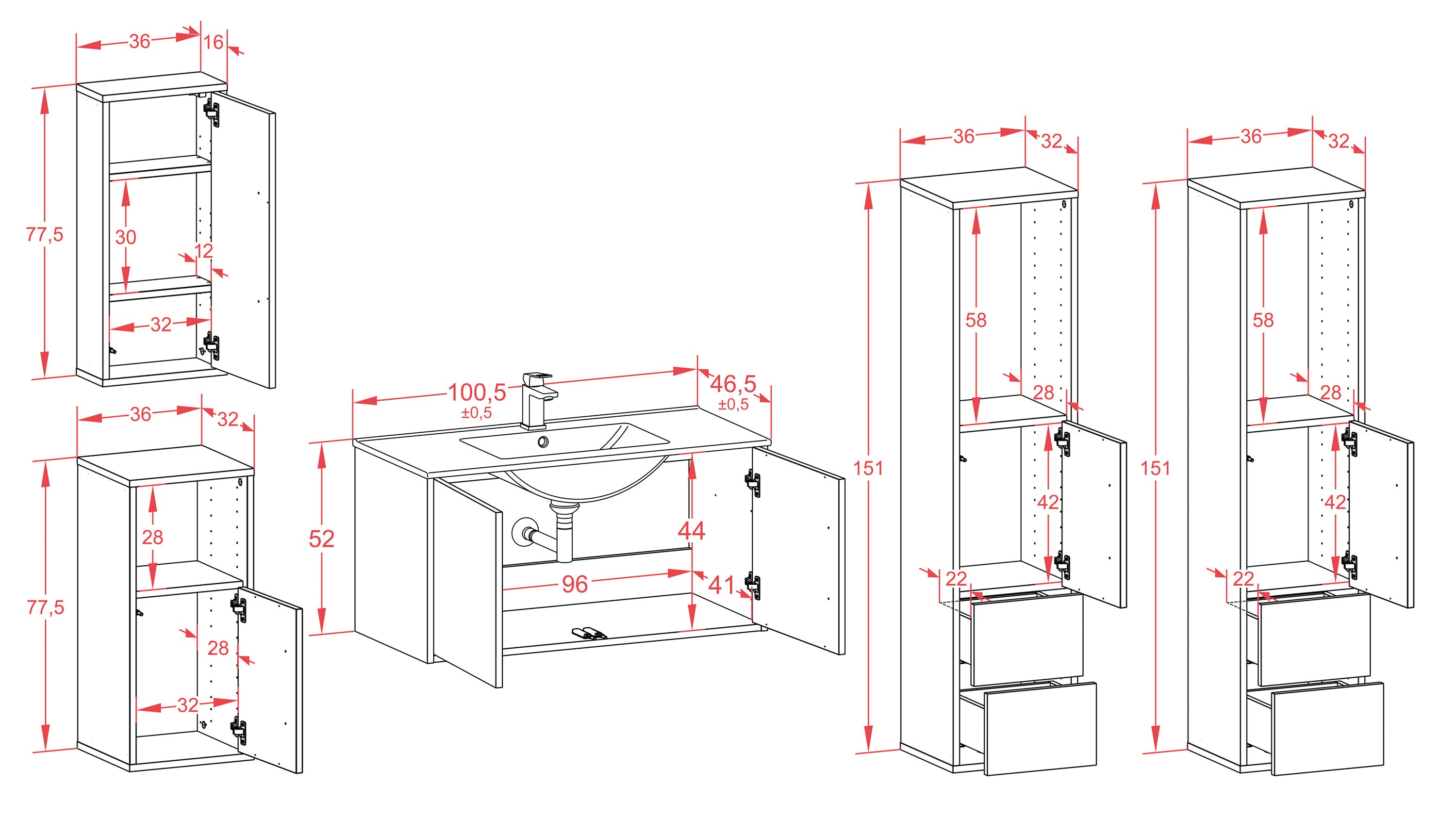 Badmöbelset - 5-Teilig Athene IX-II - Holz-Dekor/Anthrazit - Wandmontage - Push to Open - 100 cm