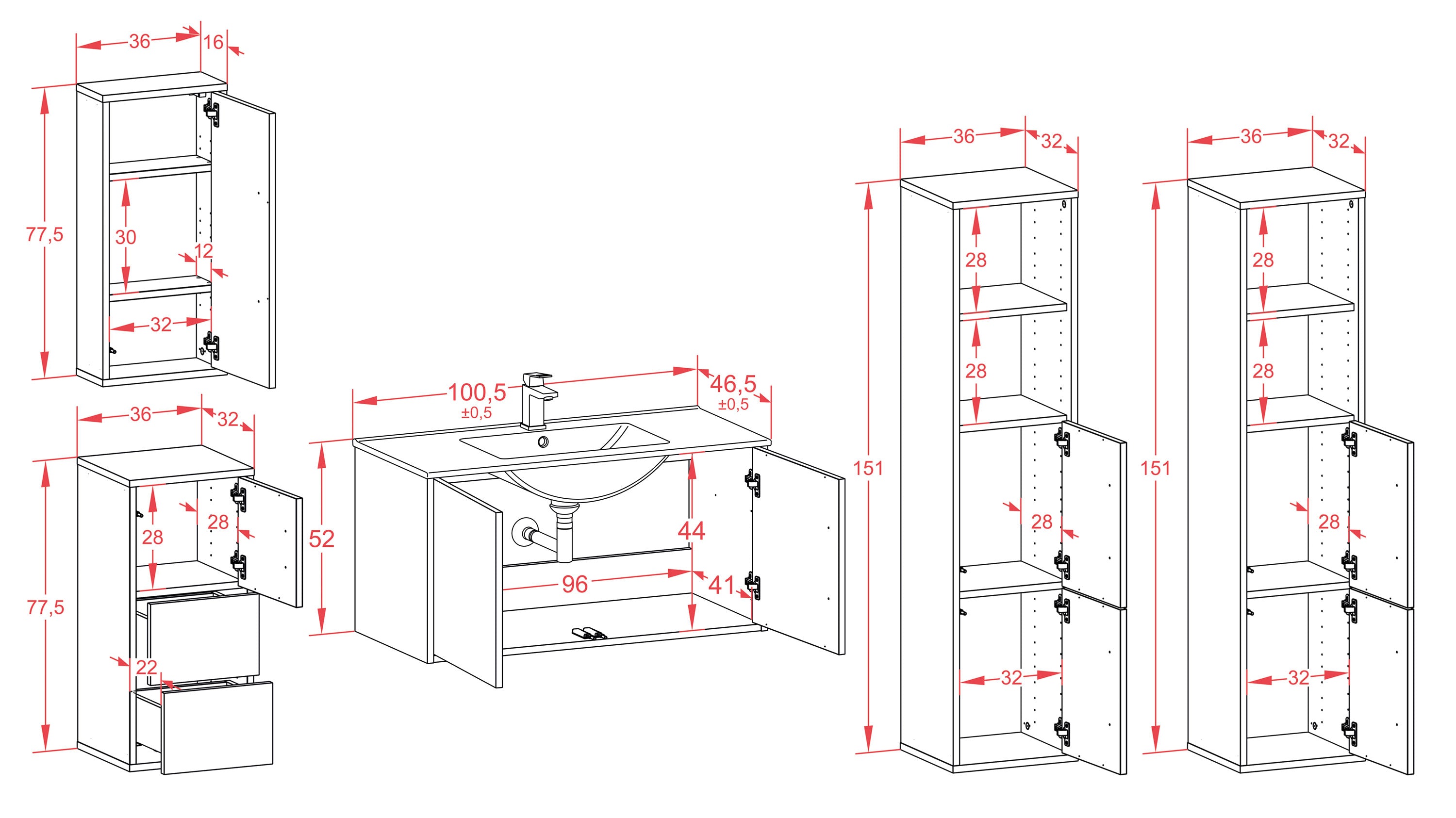 Badmöbelset - 5-Teilig Athene IV-IV - Unifarb-Dekor/Anthrazit - Wandmontage - Push to Open - 100 cm