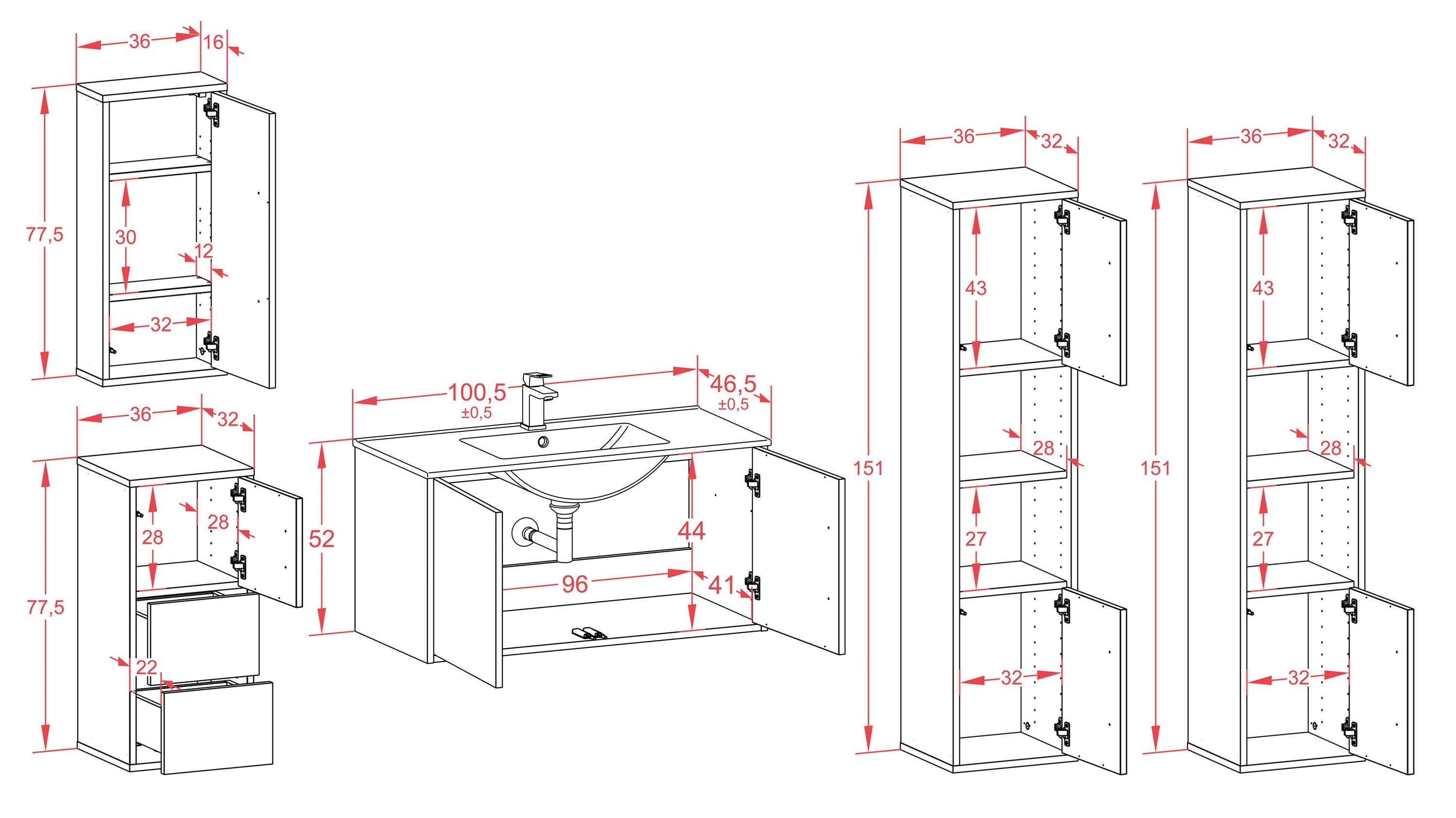 Badmöbelset - 5-Teilig Athene V-IV - Holz-Dekor/Anthrazit - Wandmontage - Push to Open - 100 cm