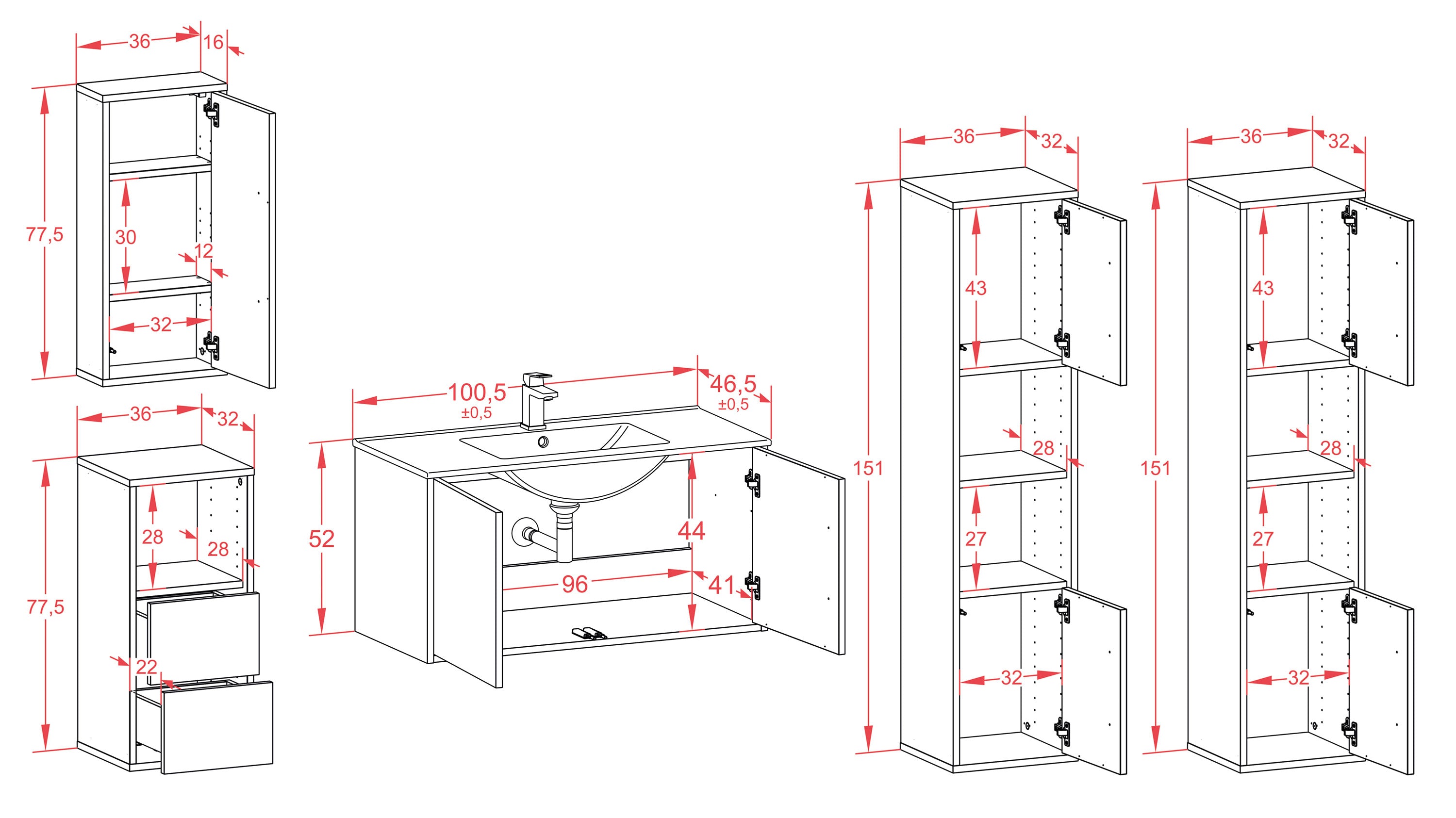 Badmöbelset - 5-Teilig Athene V-V - Dunkles Holz-Dekor/Anthrazit - Wandmontage - Push to Open - 100 cm