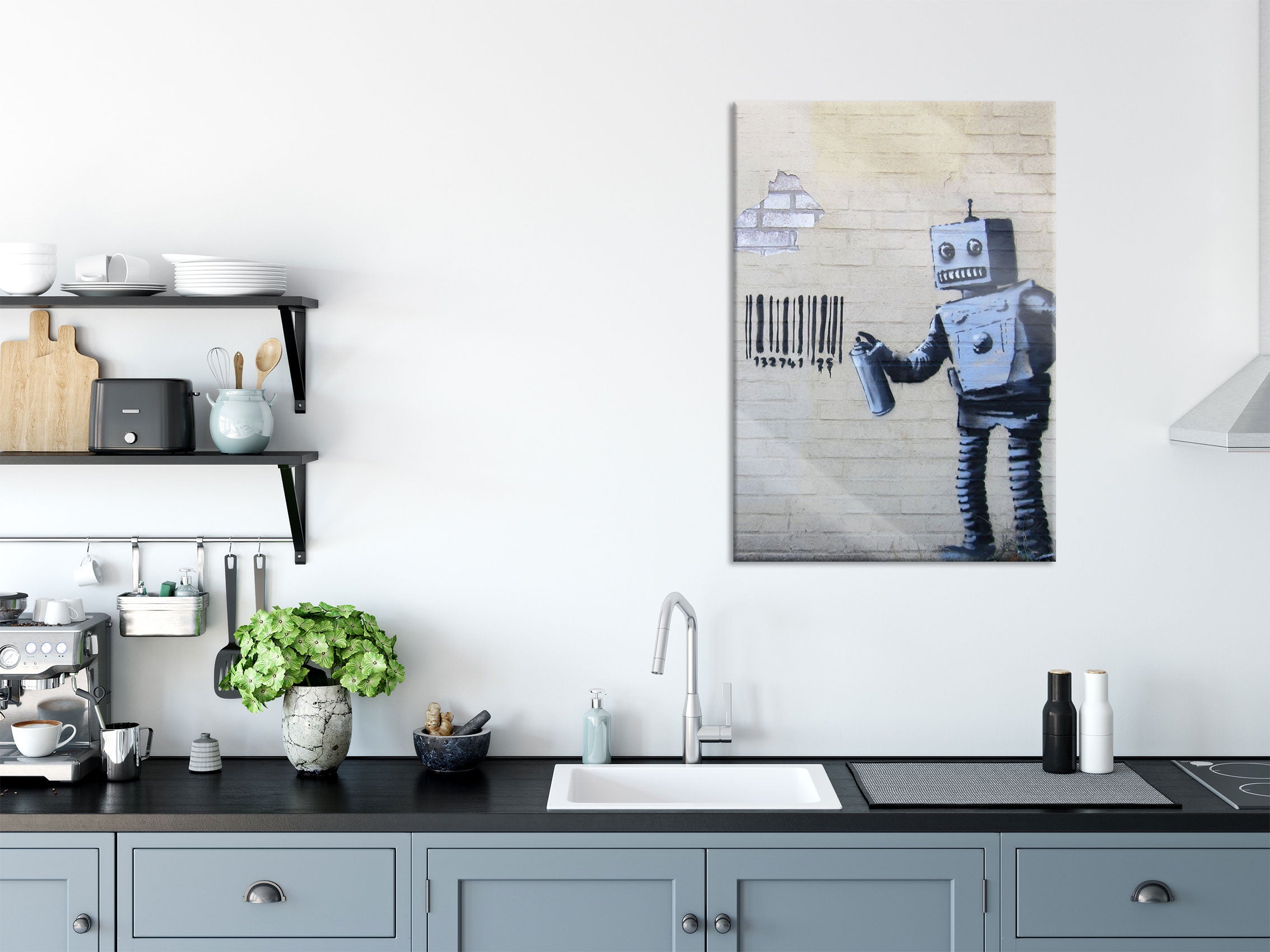 Banksy - Roboter mit code , Glasbild