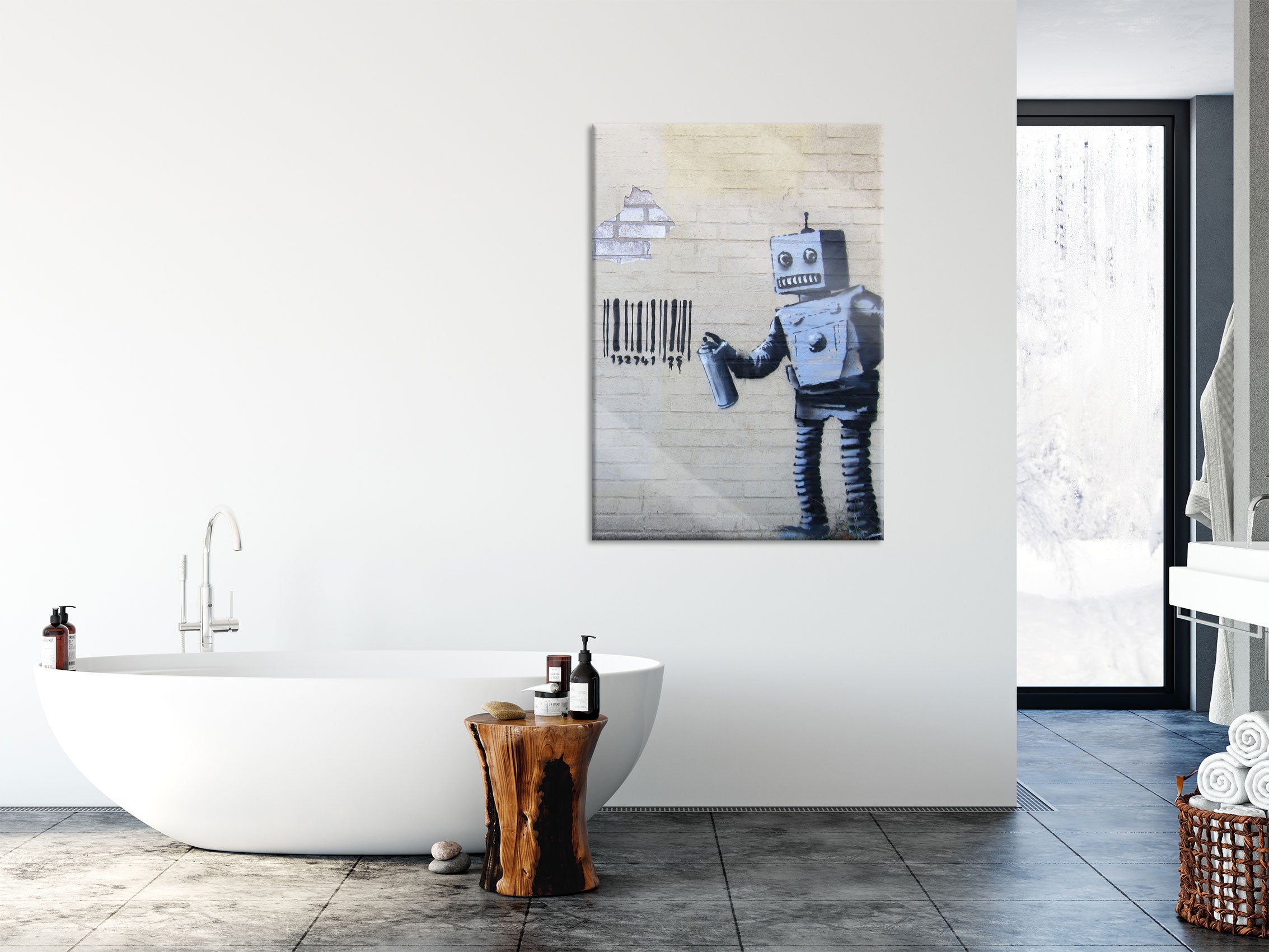 Banksy - Roboter mit code , Glasbild